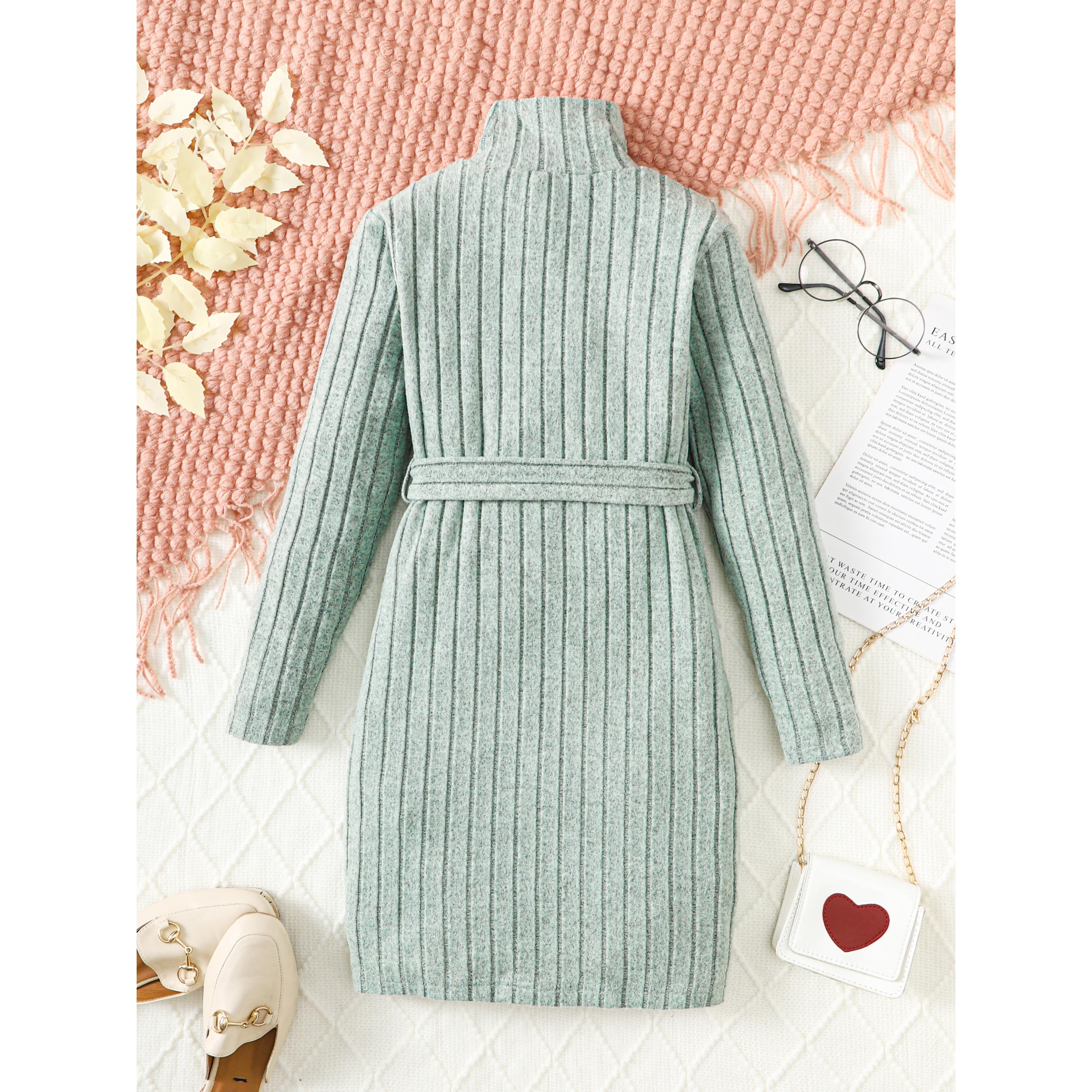 8-14Y Big Girls Elegant Dress Rib Solid Color Stan-up Collar Fall Winter Long Sleeve Dress With A Belt Catpapa 462308017