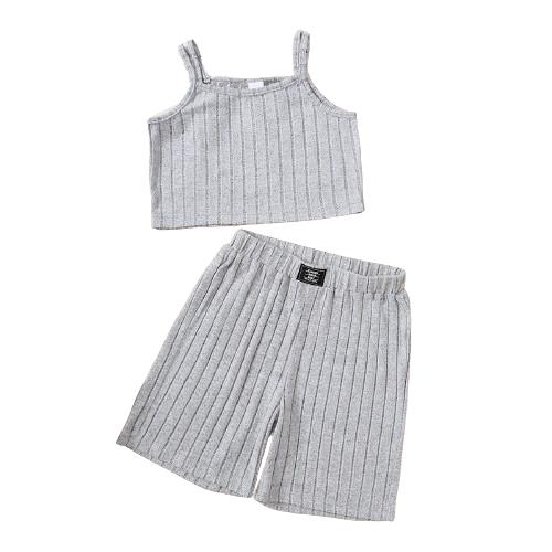 13-16Y Ready Stock Teen Girls Clothes 2Pcs Rib Sets Sleeveless Straps Tops + Elastic Shorts For Summer Outdoor Activities Catpapa 462310001