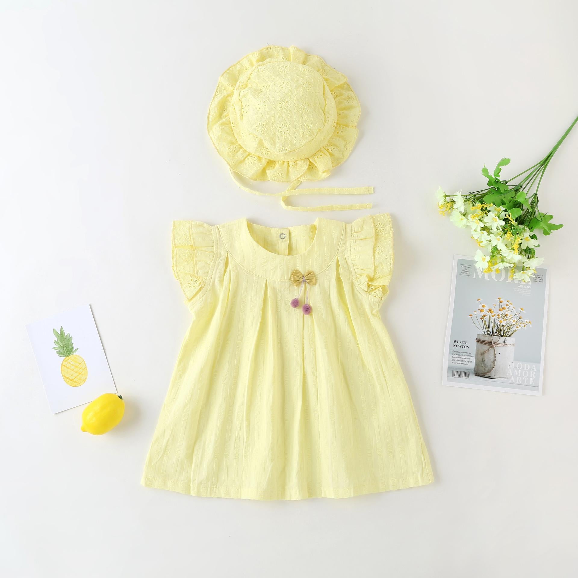 2-15M Kid Fashion Ready Stock Girls Outfits Sleeveless Solid Color Summer Dress With Hat 2Pcs Clothes Set Catpapa ZX-ZB001