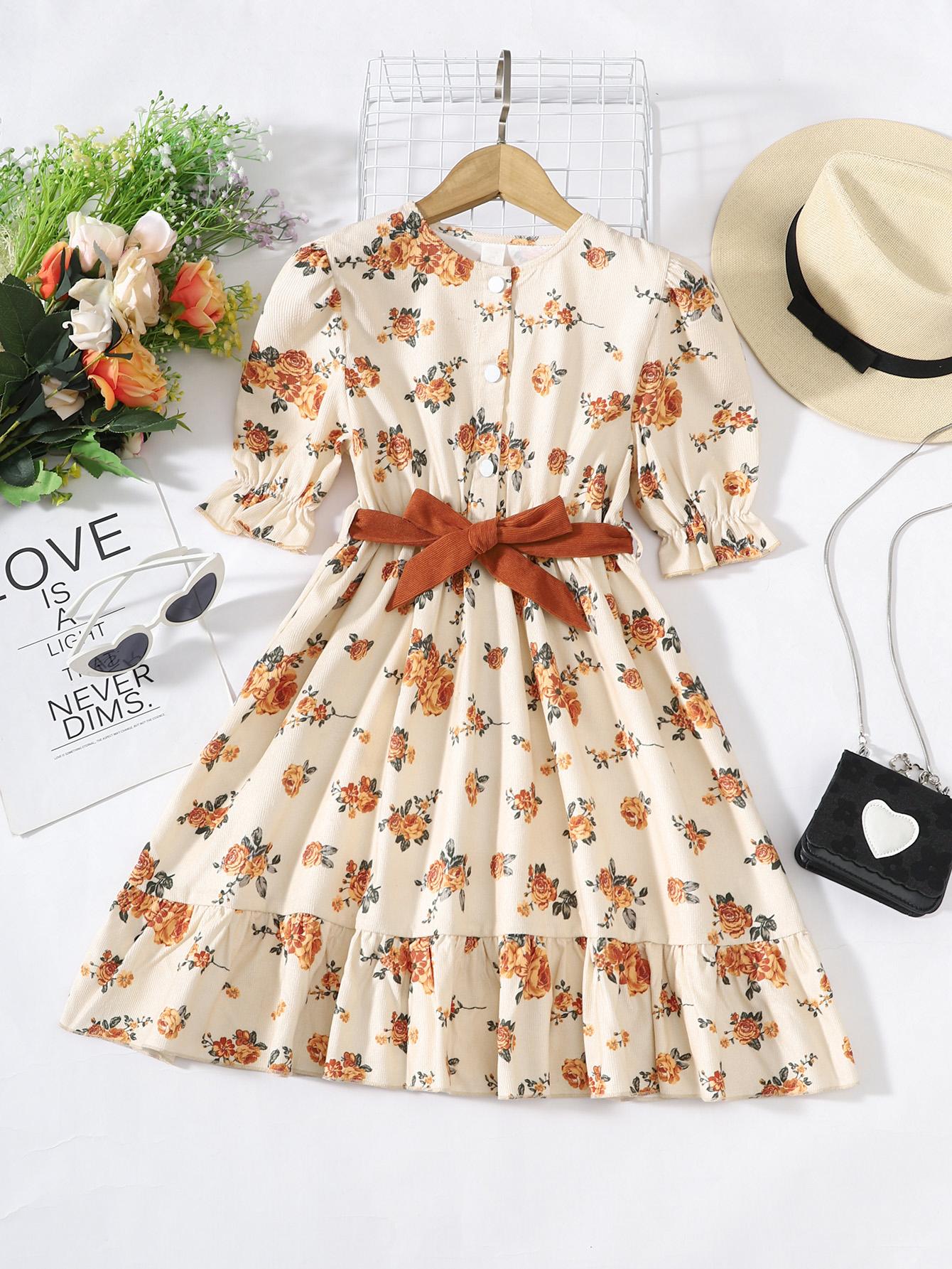 8-12Y Kids Fashion Girls Dress Bubble Sleeve Floral Print One Piece Sun Dress Apricot Catpapa GS112210604