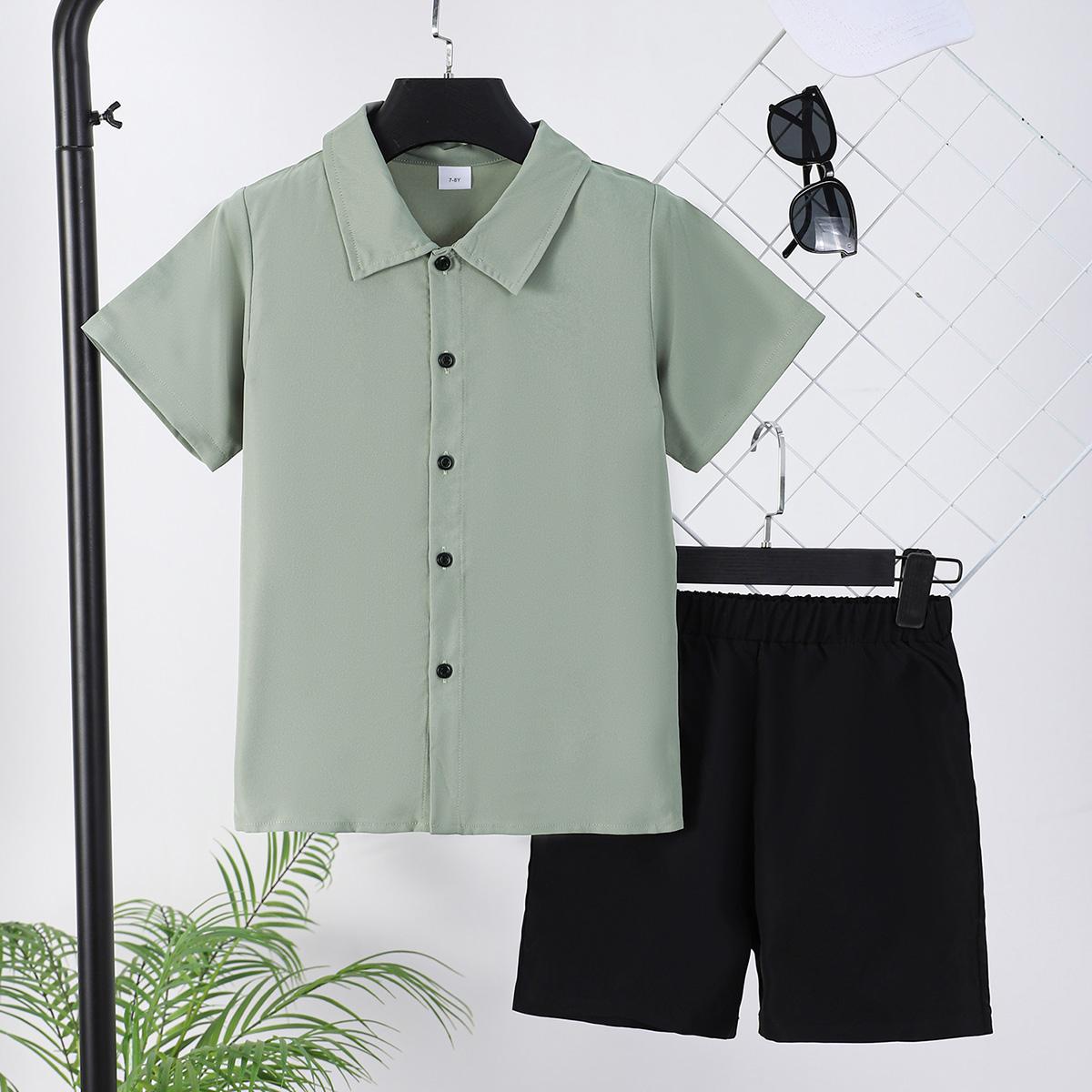 7-15Y Ready Stock Boys' Easy-Care 100% Polyester Summer Outfit: Casual Button-Down Shirt & Shorts Set with Elastic Waist Sizes 7-15Y Catpapa 462401009