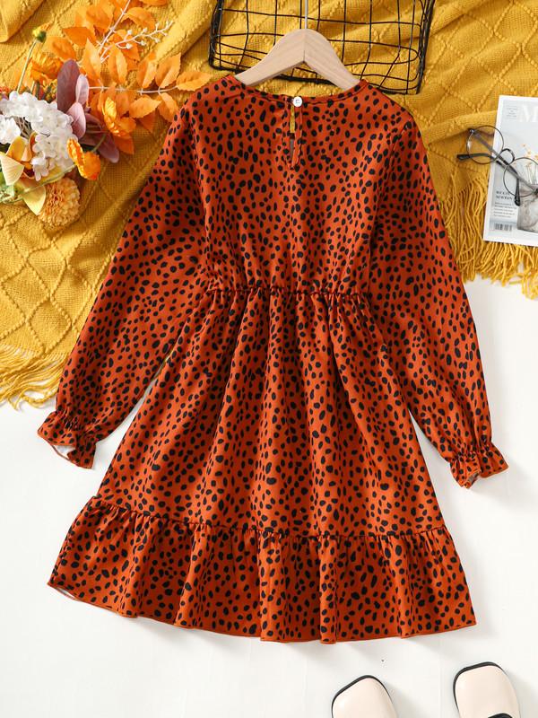 8-14Y Big Girls Dress Elegant Leopard Print Flare Long Sleeve Dress One Piece Trendy Casual Dress For Fall Reddish Brown Catpapa 462308009