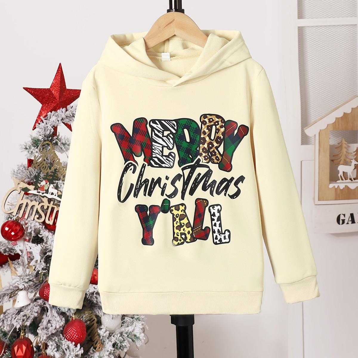 8-14Y Kids Girls Christmas Letter Graphics Print Casual Pullover Long Sleeve Hoodies, Girls Sweatshirt For Fall Winter Apricot Catpapa 462307024