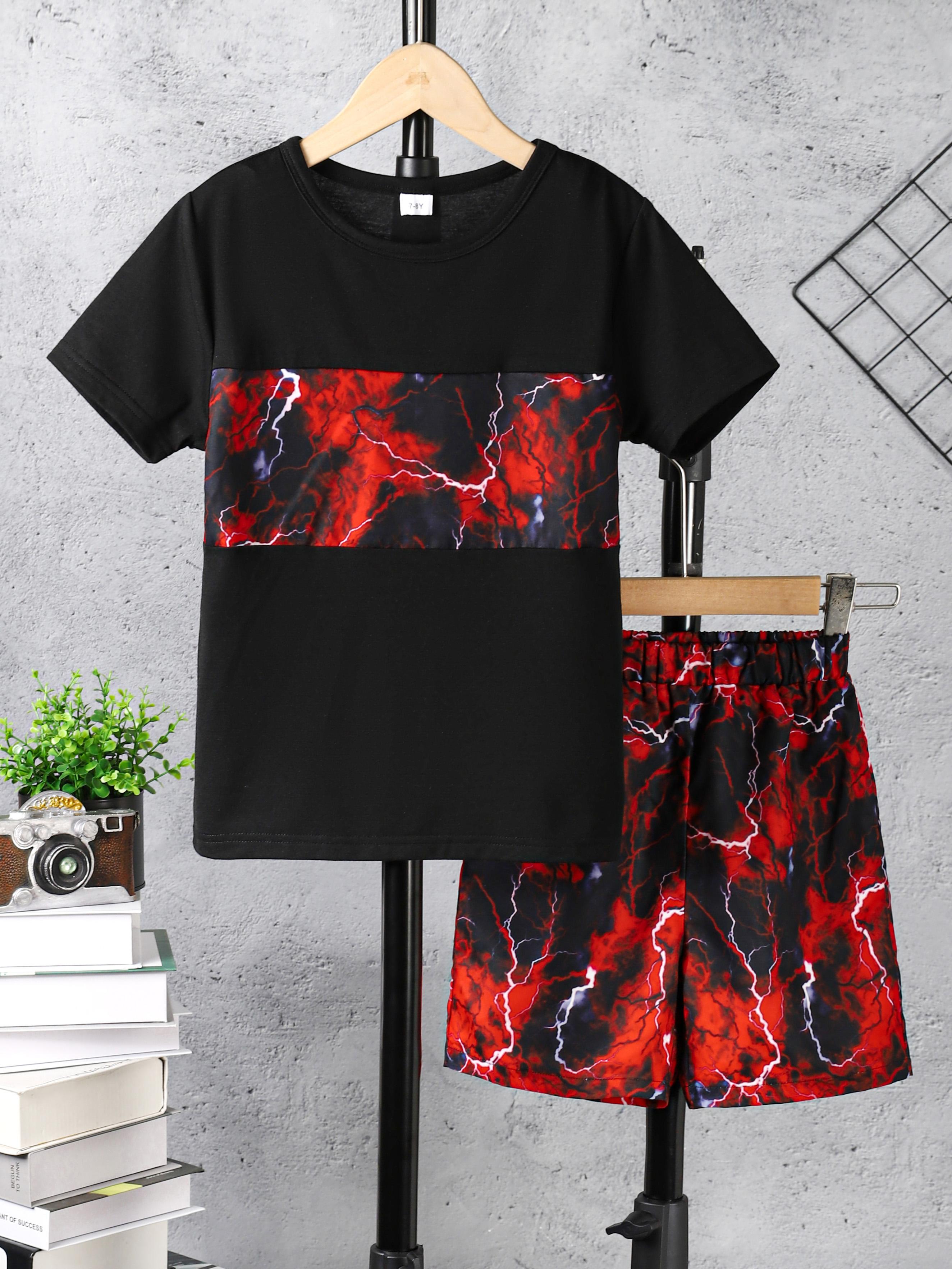 7-15Y Ready Stock Kids Boys Clothes Lighting Print Splice Summer T-shirts Elastic Shorts 2PCS Outfits Sets Black Catpapa 462306010