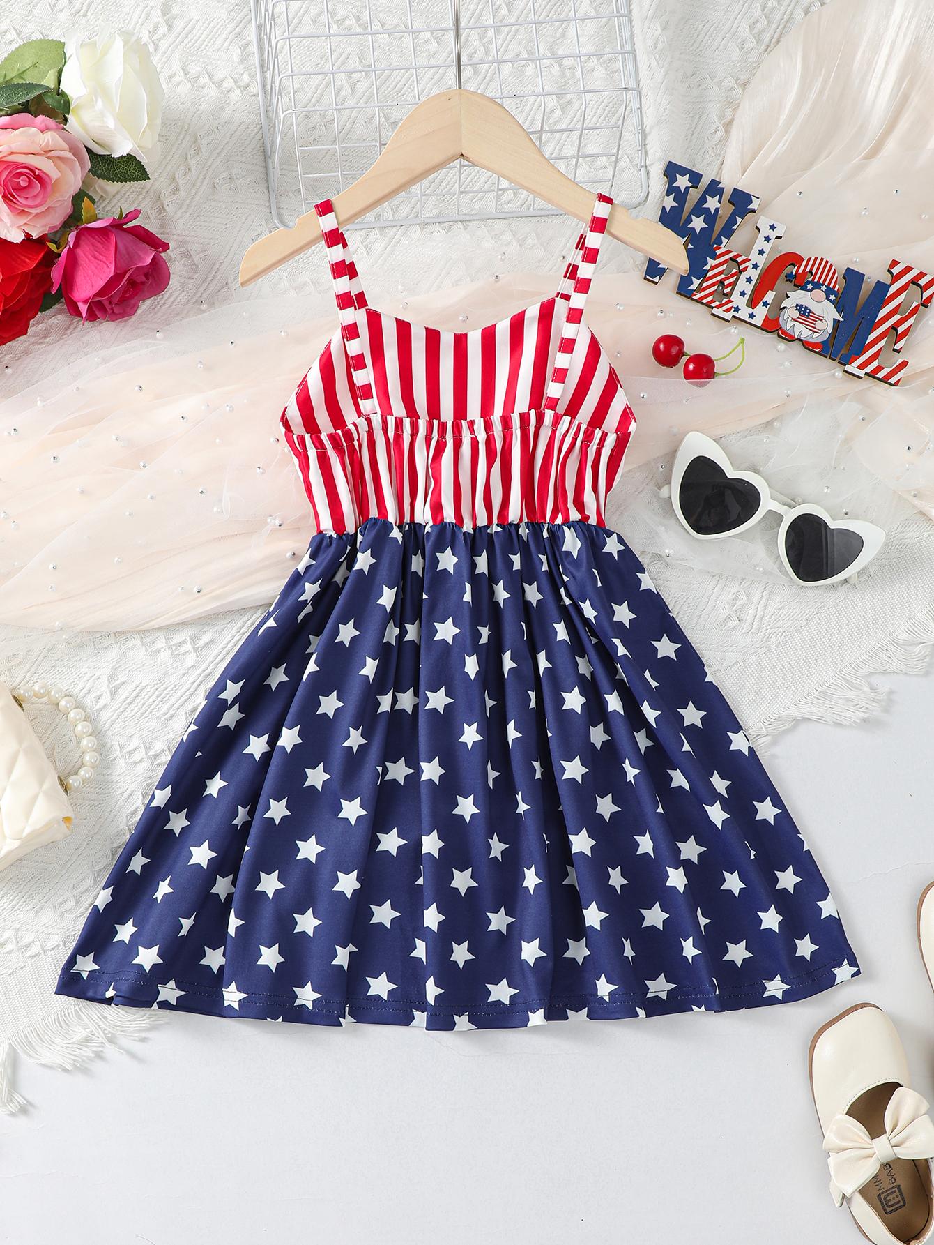 2-7Y Ready Stock Baby Girls Dress Stars and Stripes Bow Straps Dress One Piece Dress For Independence Day Catpapa 623030001