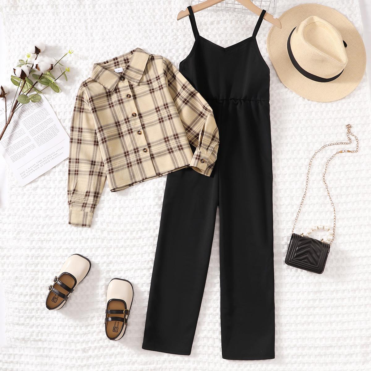 8-14Y Girls Ready Stock Kids Girls Outfits Straps Jumpsuits Plaid Print Turn-down Collar Coat 2Pcs Nice Apparel Clothes Set Black Catpapa 462307010