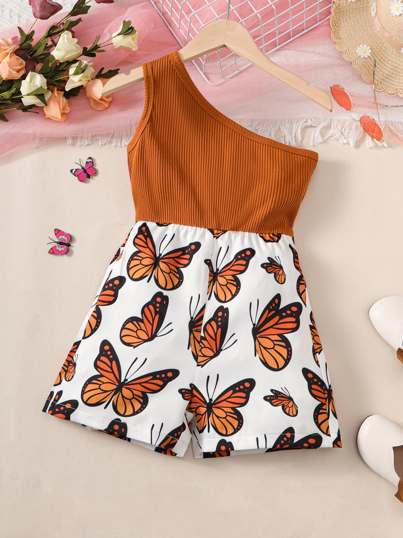 5-14Y Ready Stock Kids Clothes Girls Jumpsuits One Shoulder Splice Bodysuits One Piece Butterfly Print Summer Jumpsuits Brown Catpapa 462303024