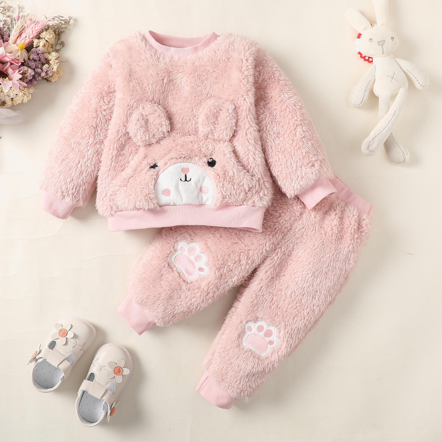 6M-3Y Kids Fashion Ready Stock Girls Clothes Outfits Rabbit Fluffy Tops Elastic Pants 2Pcs Outfits Pink Catpapa WS112209601
