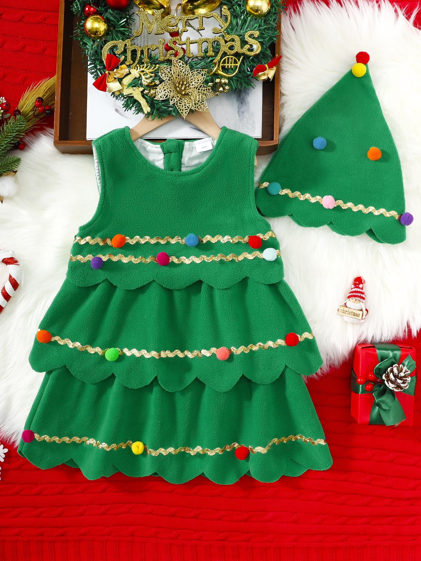 4-7Y Kid Toddler Girls Fall Winter Dress Sets Christmas Tree Shape Layered Sleeveless Dress With Hat 2Pcs Clothing Green Catpapa 462308163