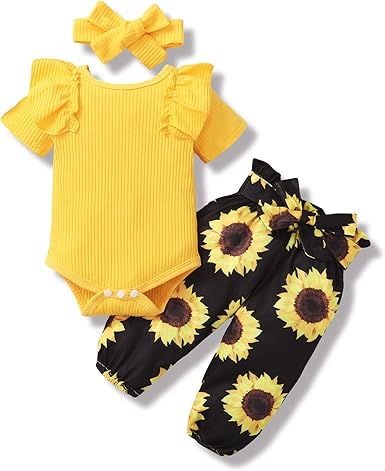 【WILD LIKE MY CURLS】baby girl summer clothes baby girl yellow romper and sunflower pant set YW2012026