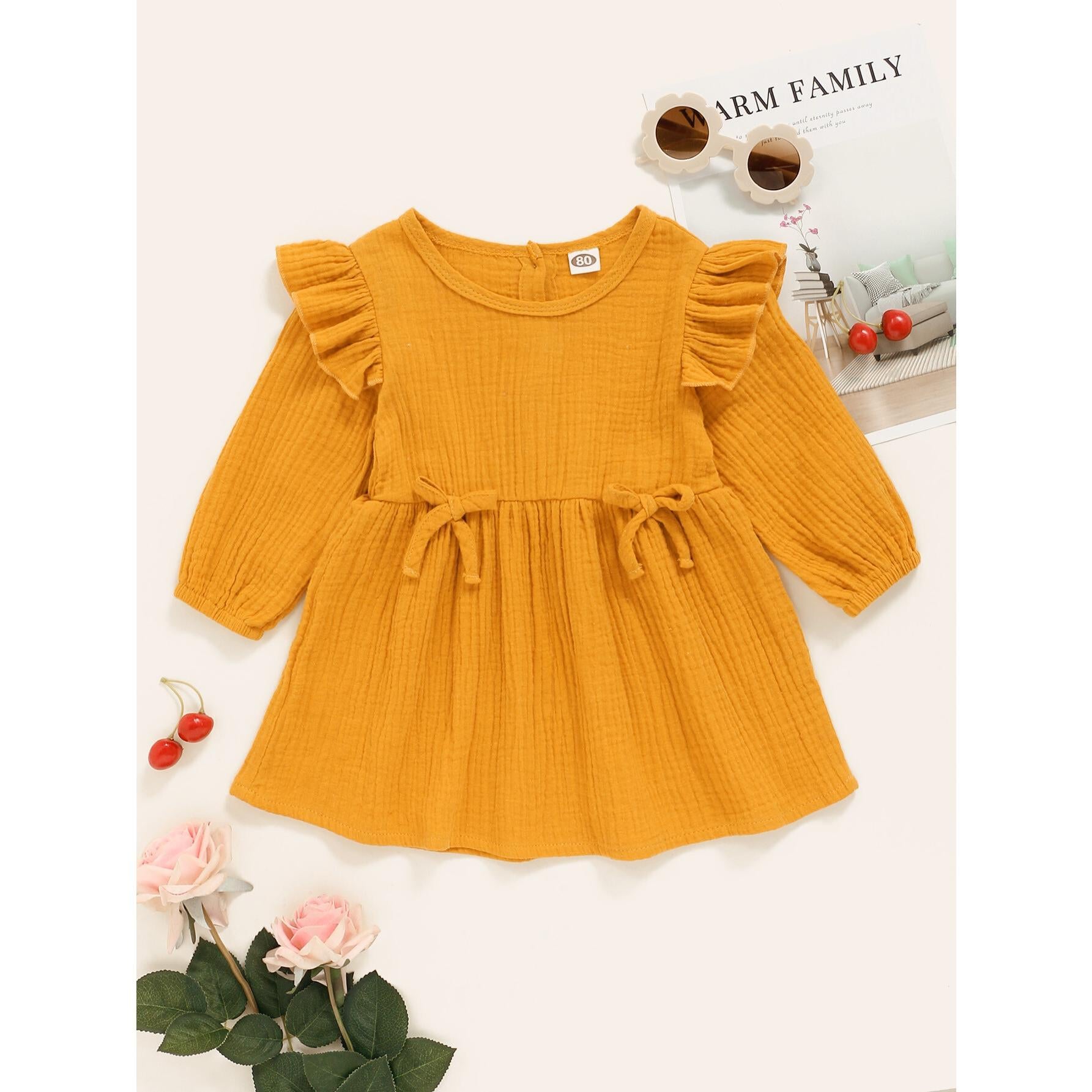 3-24M Newborn Baby Girl Dress Ruffle Long Sleeve Round Neckline Dress Casual Dress Yellow Catpapa WL20071137