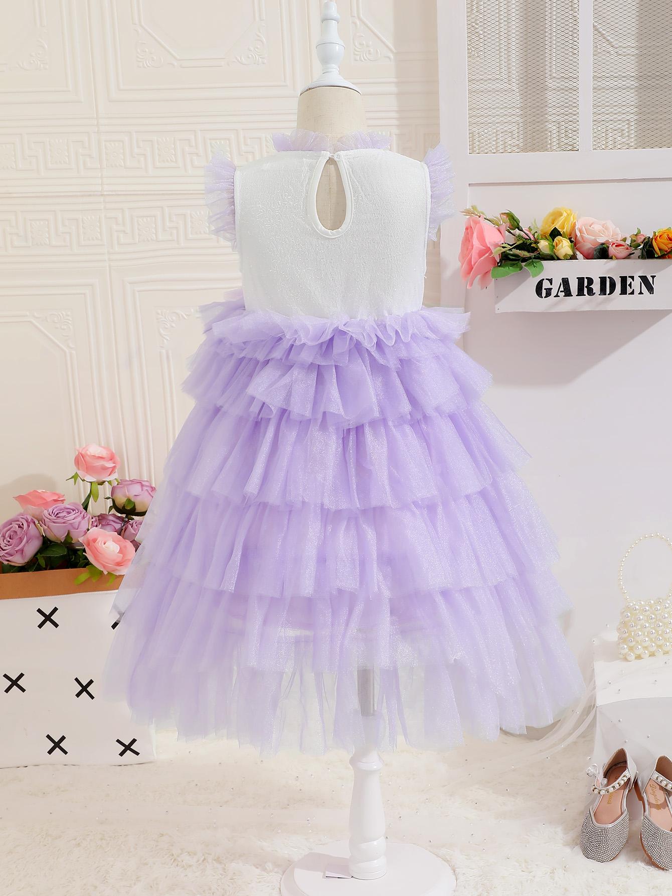 4-12Y Ready Stock Sweet Girls Splicing Sleeveless Gauze Layered Tutu Dress Mesh Dress Summer Party Gift Size: 4T-12Y Purple Catpapa YS05-1