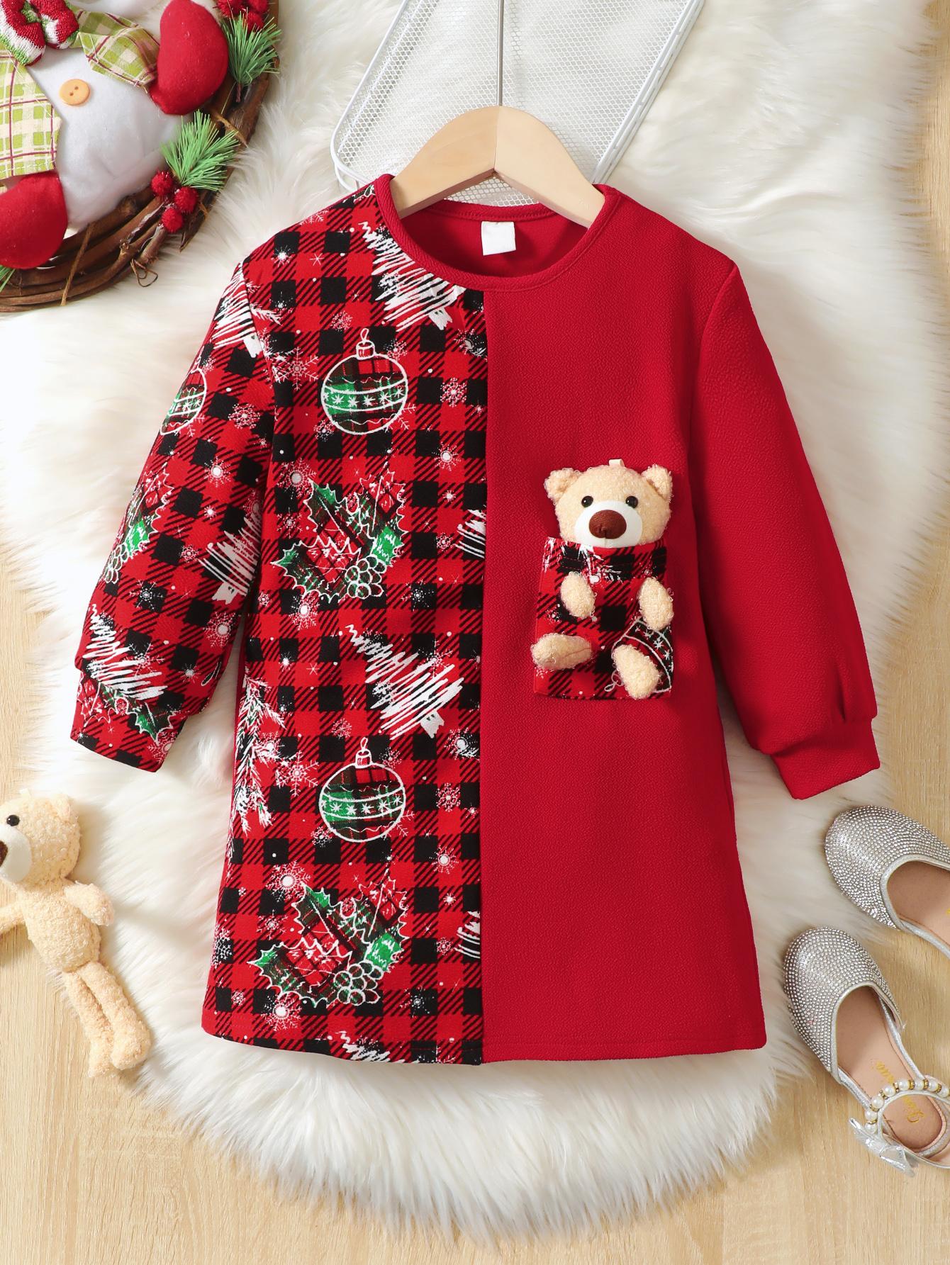 4-7Y 2-piece Girls' Christmas Dress Red Plaid Print Crew Neck Sweatshirt Dress And Plush Toy Bear Set Kids Fall/Winter Clothes Catpapa JIT10432537