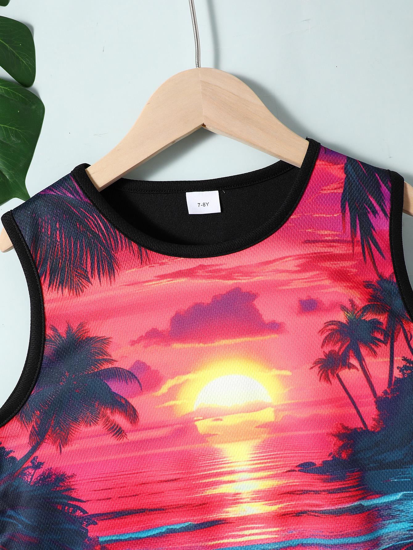 7-15Y Sunset View Print 7-15y Boys Creative Sleeveless Tank Tops&Shorts Set, Casual Crew Neck Vest&Shorts, Boys Clothing Catpapa 462401020