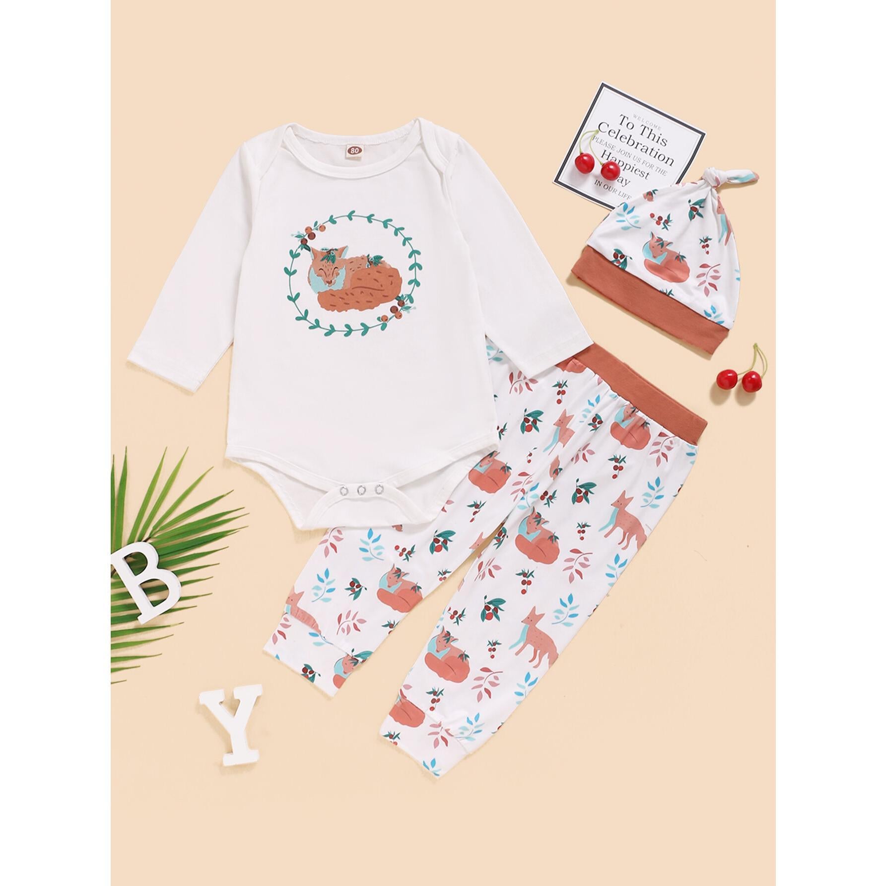 3-24M Kid fashion Girl Clothes Girl Outfits Long Sleeve Fox Print Romper Top Pants Hat 3PCS Clothing Set White Catpapa WL20061083