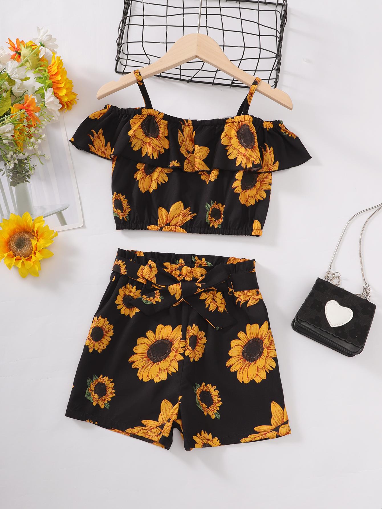 5-14Y Ready Stock Kids Girls Summer Outfits Sunflower Print Straps Lotus Leaf Collar Tops Elastic Shorts 2Pcs Clothes Set Black Catpapa 462302006