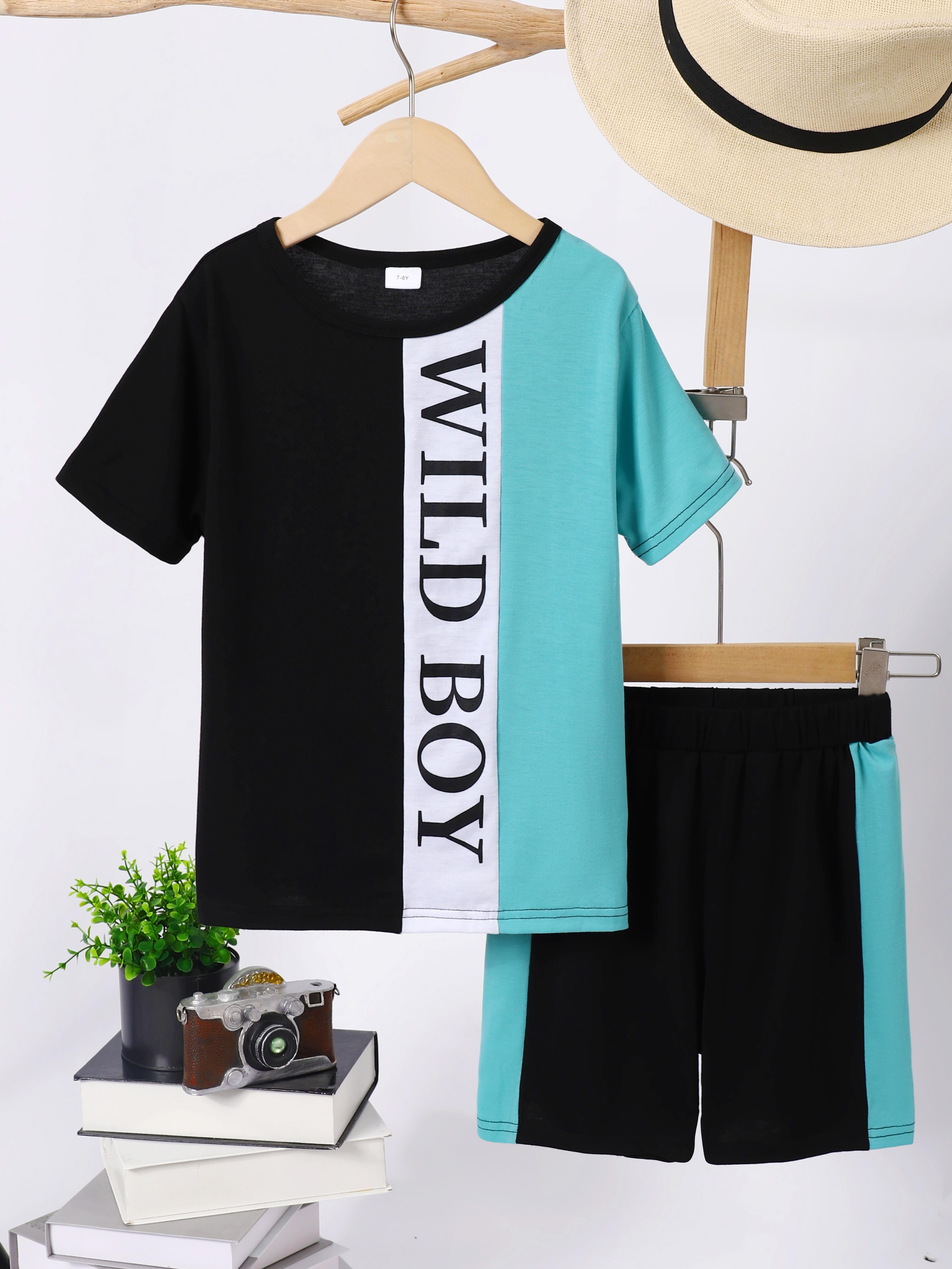7-15Y Ready Stock Kids Boys Outfits Shorts Sets Letter Pattern Splice Tee Elastic Shorts 2Pcs Summer Clothes Blue Catpapa 462306009