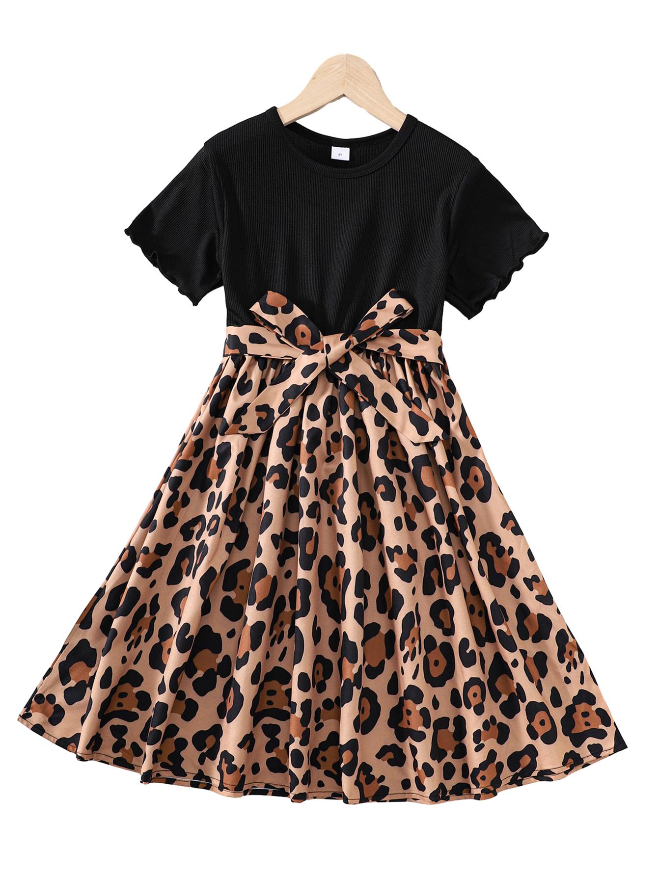 8-14Y Ready Stock Big Girls Dress Leopard Print Splice Short Sleeve Summer Casual Dress With A Belt Black Catpapa 462311016