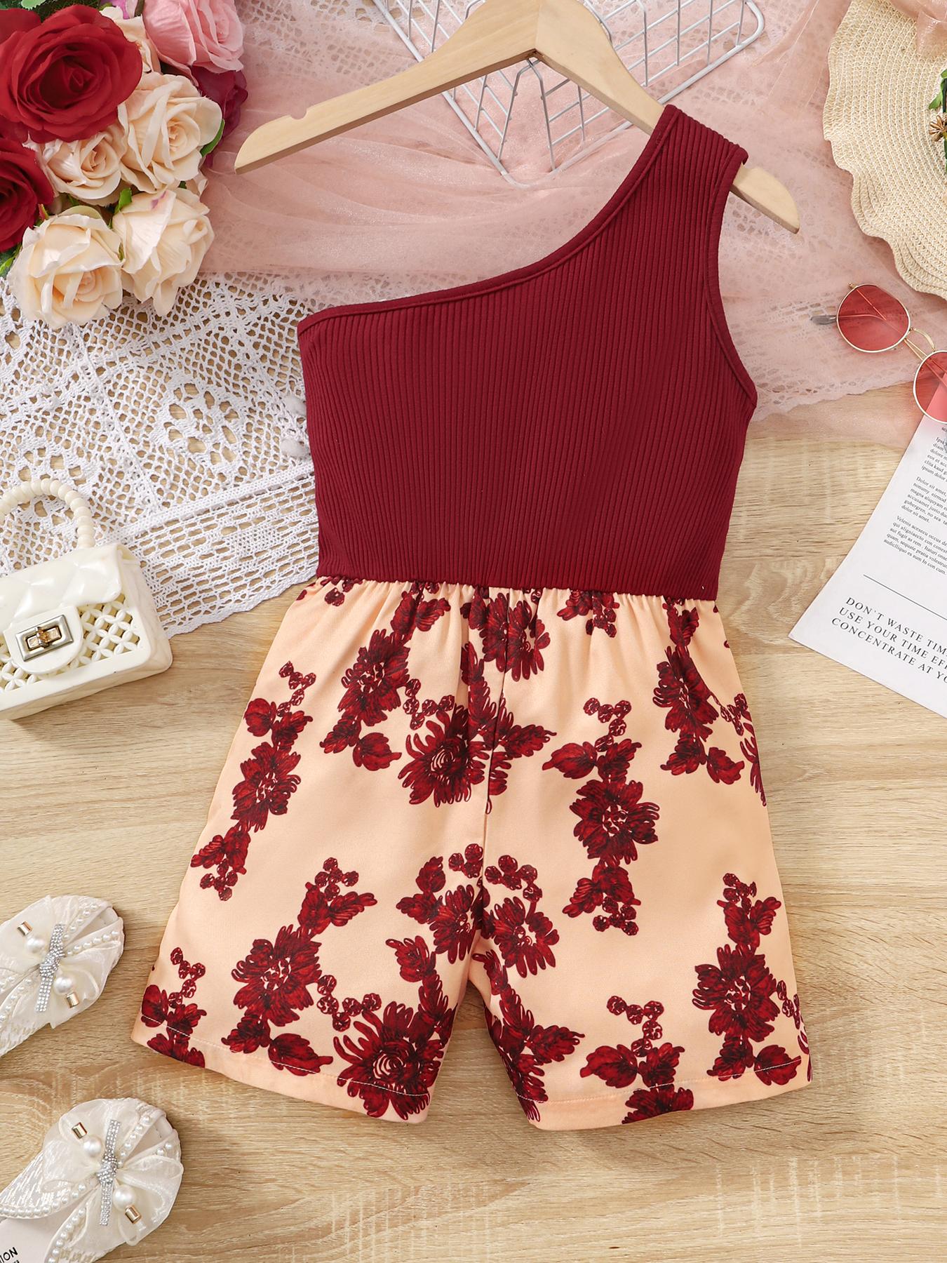 5-14Y Ready Stock Kids Clothes Girls Jumpsuits One Shoulder Splice Bodysuits One Piece Butterfly Print Summer Jumpsuits Brown Catpapa 462303024