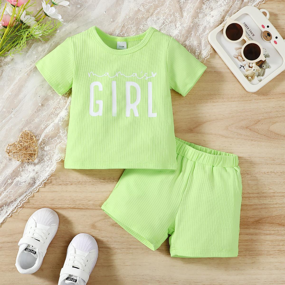 6M-3Y Ready Stock Baby Girls Summer Outfits "Mama's Girl" Print Casual Set, Ribbed T-shirt & Shorts, 2Pcs Clothes From 6M-3Y Catpapa GS132312159