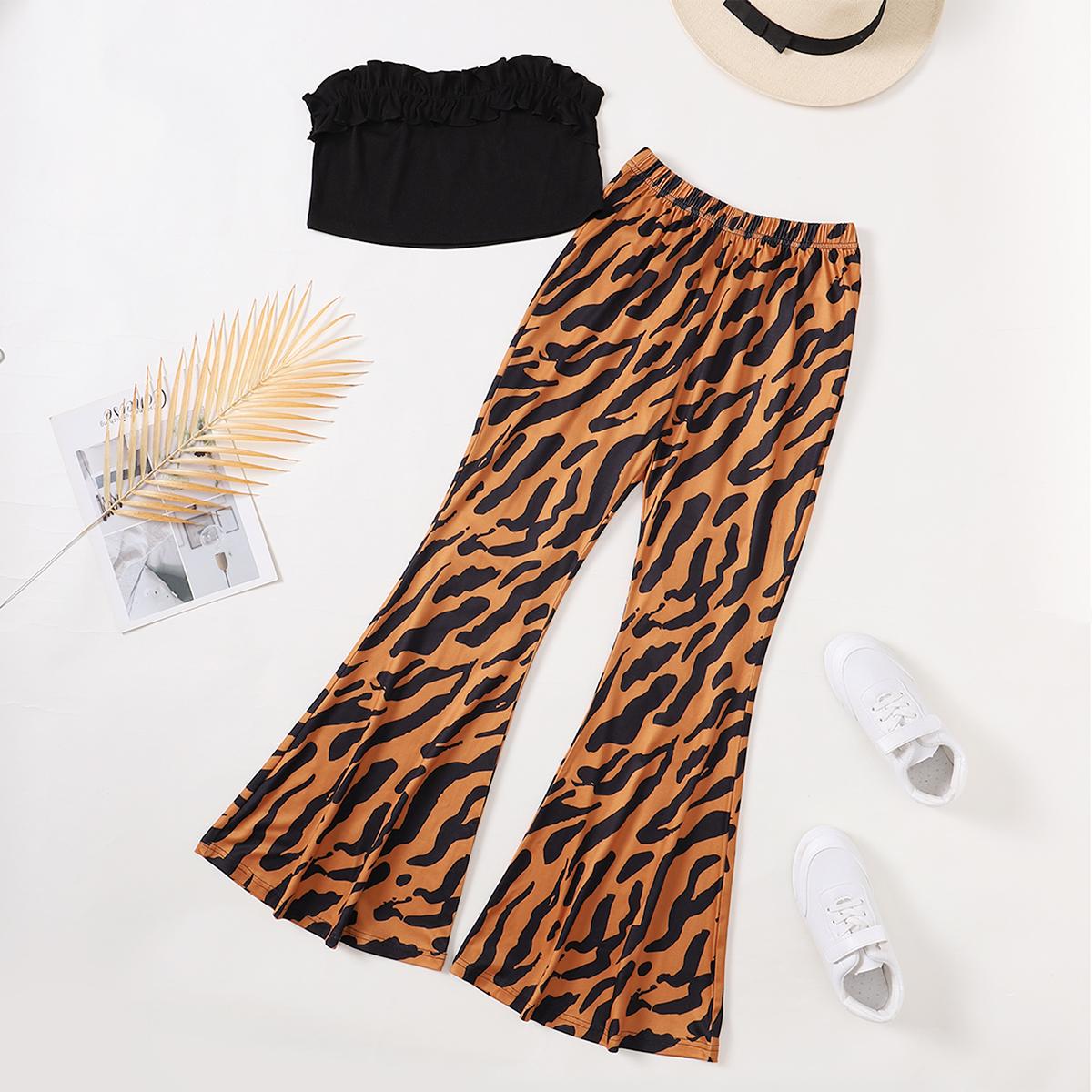 13-16YTeen Girls Ruffled Strapless Tube Top + Tiger Print Bell-bottomed Pants Spring Autumn Clothes 2Pcs Sets Black Catpapa 462310004
