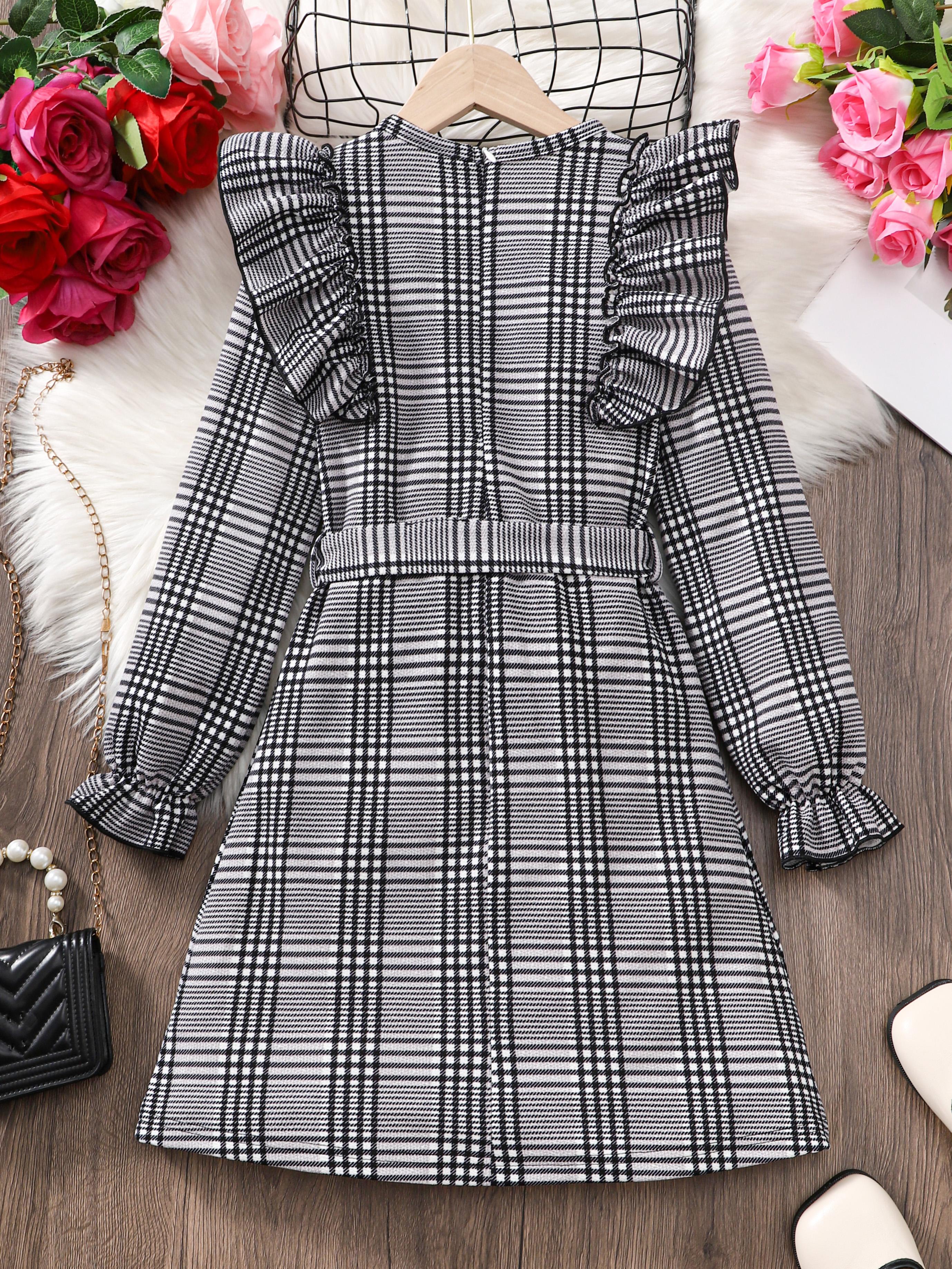 8-14Y Ready Stock Kid Girls Fall Winter Dress Plaid Print Splice Ruffle Tie Front Long Sleeve Dress One Piece Retro Dress Black Catpapa 462307022