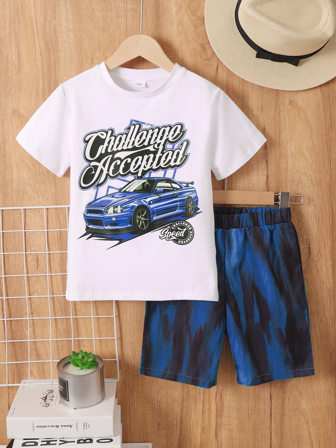 5-12Y Ready Stock Kid Boys Clothes Boys OOTD Car Print Letter Print Summer Tops Elastic Tie-dye Shorts 2Pcs Outfits White Catpapa 462303004