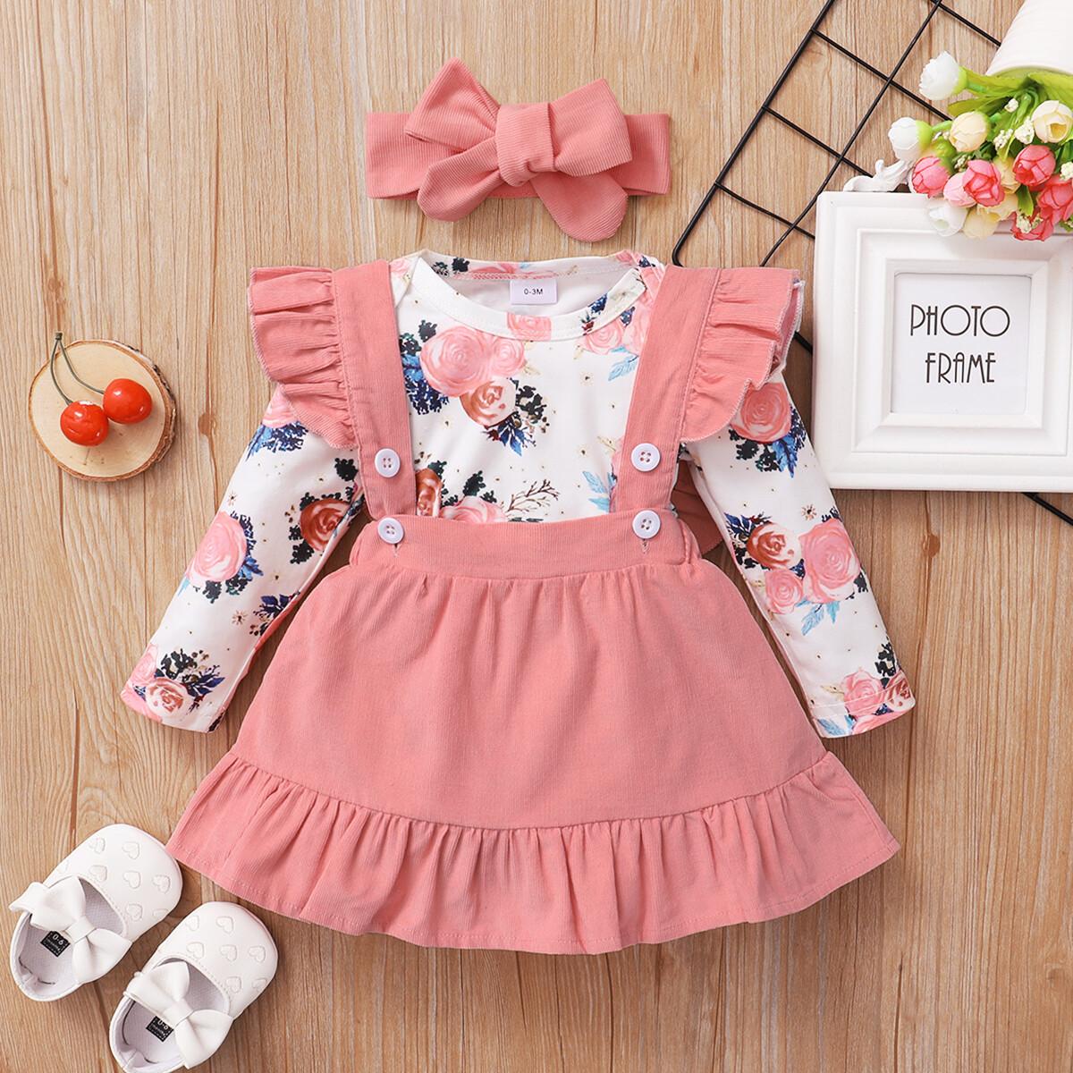 0-12M Newborn Baby Girl Fall Clothes Long Sleeve Pink Ruffle Floral Romper Dress Wholesale Baby Clothes Catpapa 22010092