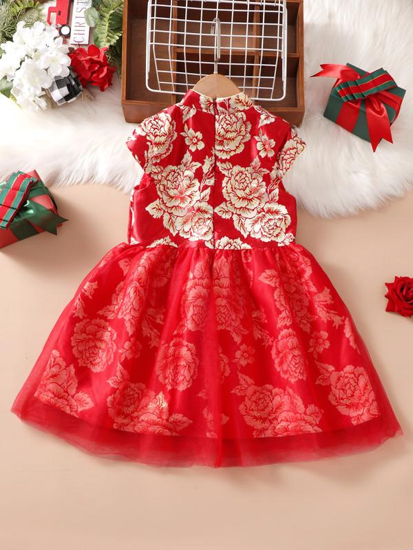 12M-7Y Girls Gauze Satin Dress Tangzhuang Peony Embroidery V-neck Cheongsam Qipao Sleeveless Dress Clothes Red Catpapa YL1193