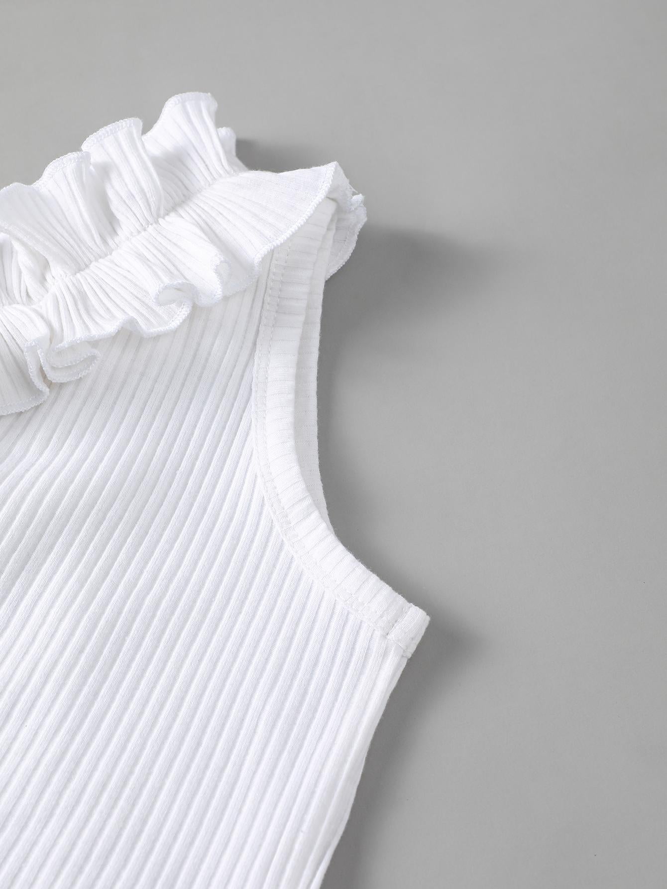 5-14Y Kid Fashion Girls Clothes Sloping Shoulder Lotus Leaf Side Tops Elastic Bell-bottomed Pants 2Pcs Casual Outfits White Catpapa 462302003