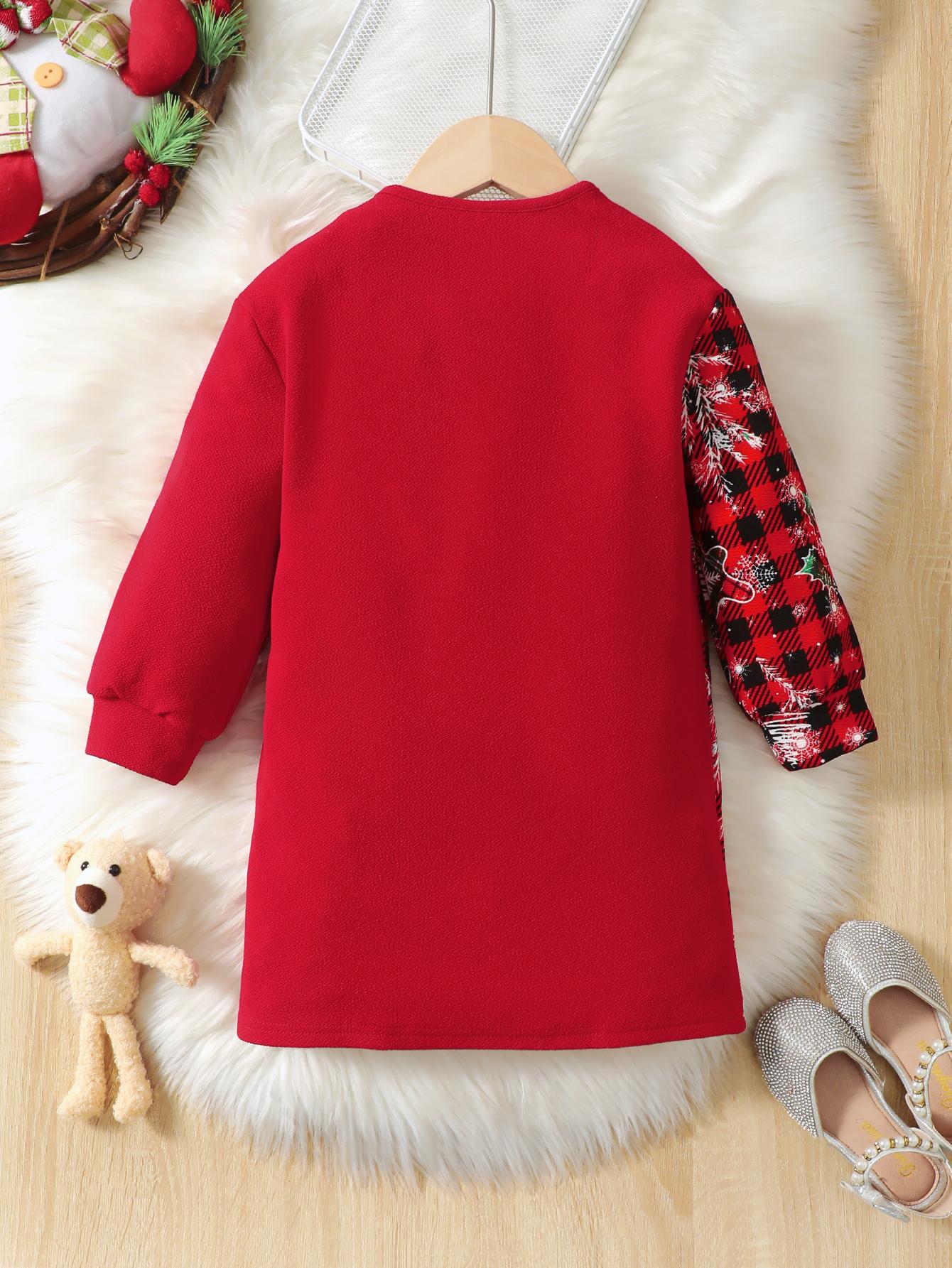 4-7Y 2-piece Girls' Christmas Dress Red Plaid Print Crew Neck Sweatshirt Dress And Plush Toy Bear Set Kids Fall/Winter Clothes Catpapa JIT10432537