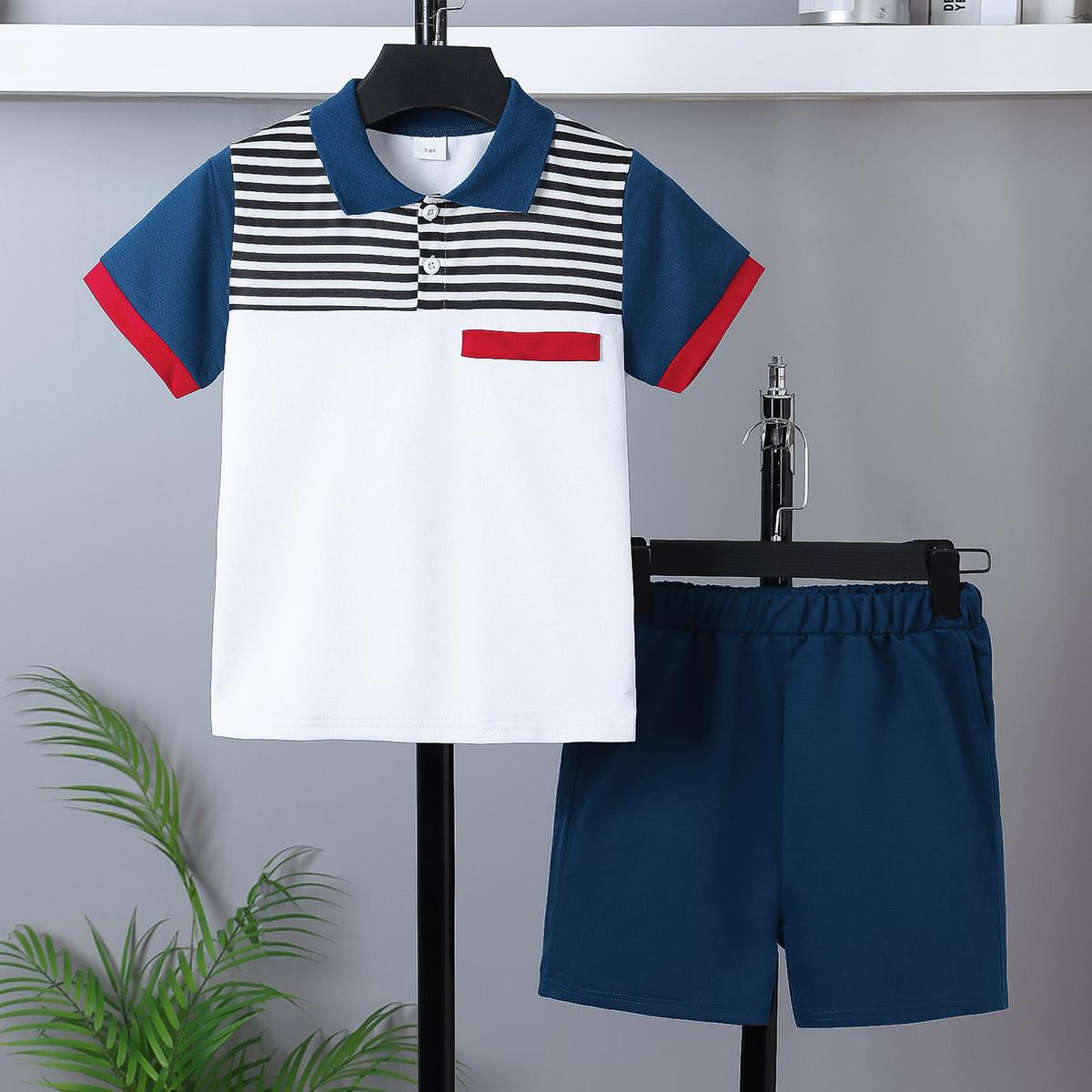 7-15Y Summer Outfits For Kid Boys Shorts Set Polo Shirt Elastic Shorts Casual Fashion 2-Pieces Clothing Catpapa 462401003