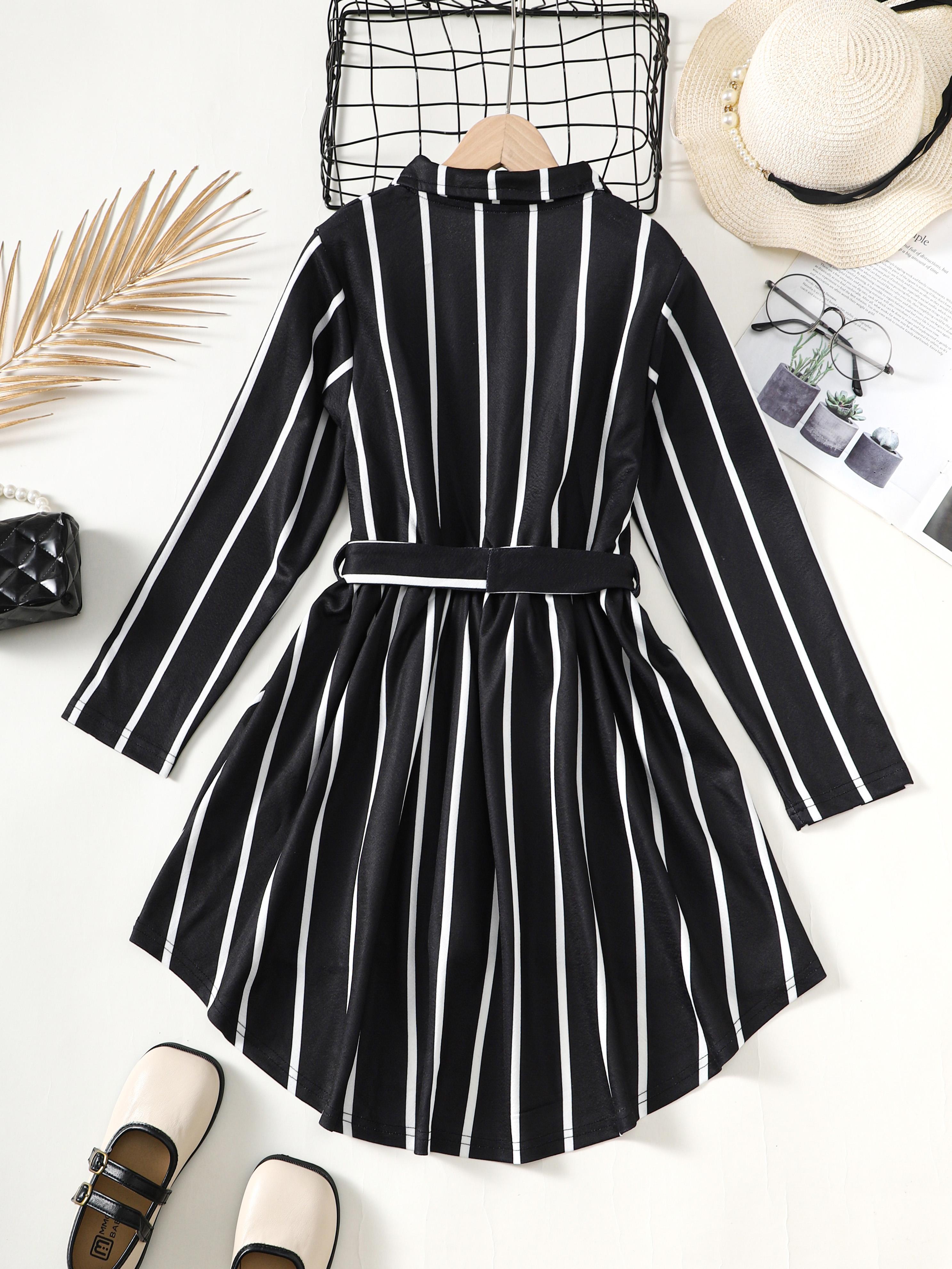 8-14Y Ready Stock 8-14y Kid Girls Fall Winter Dress Stripe Turn-down Collar Bow Dress One Piece Casual Dress Black Catpapa 462308016