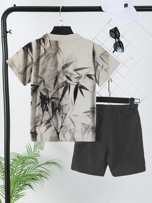7-15Y Big Boys Summer Outfits Short Sleeve Turn-down Collar Shirt & Shorts Set 2Pcs, Kids Clothes (Ramdom Printing) Catpapa 462401037