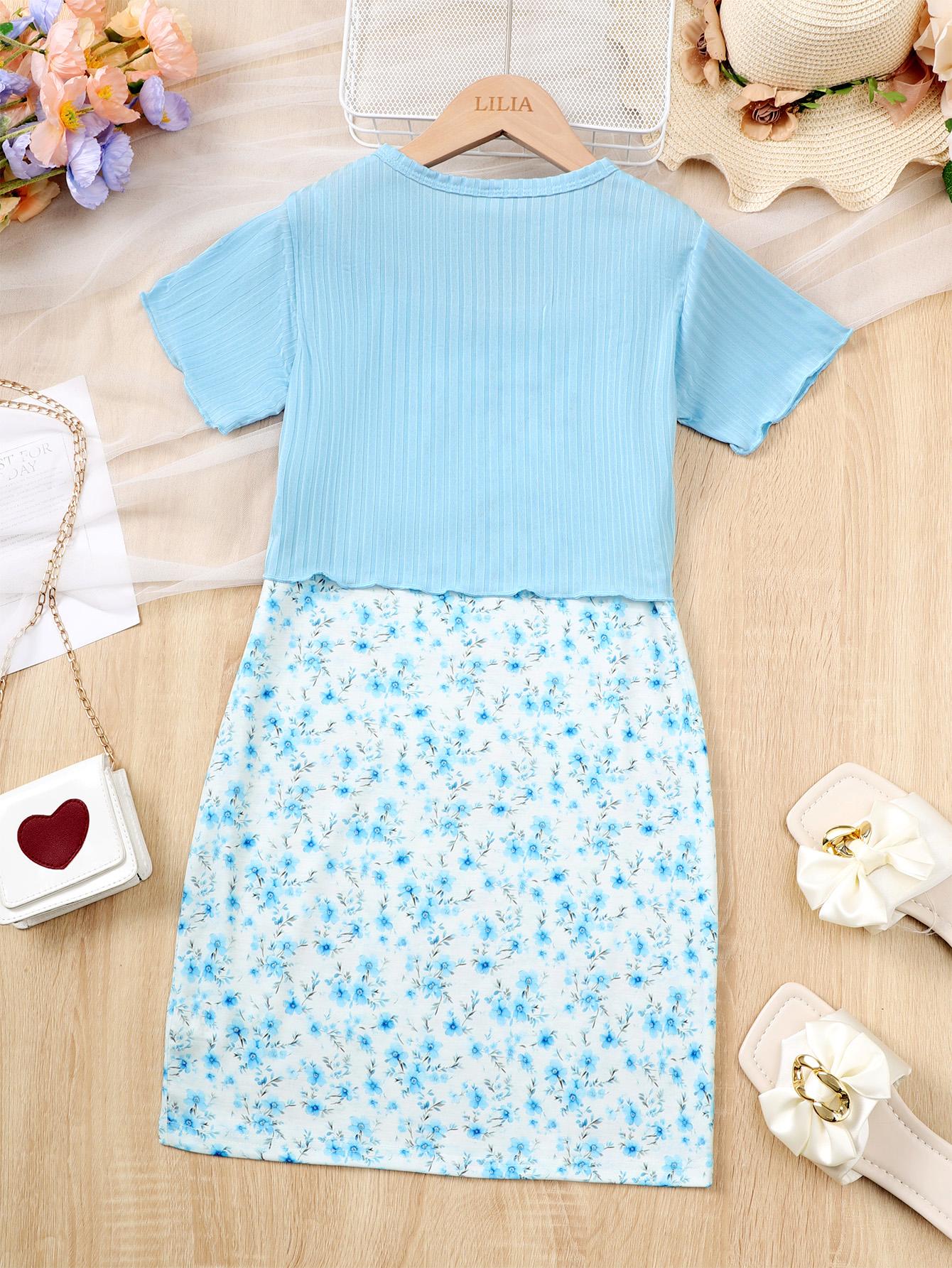 7-14Y Girls Outfit For 7-14y Big Girls Short Sleeve Cardigan Top + Floral Print Cami Dress Holiday Casual Set, Summer 2PCS Catpapa 462401050