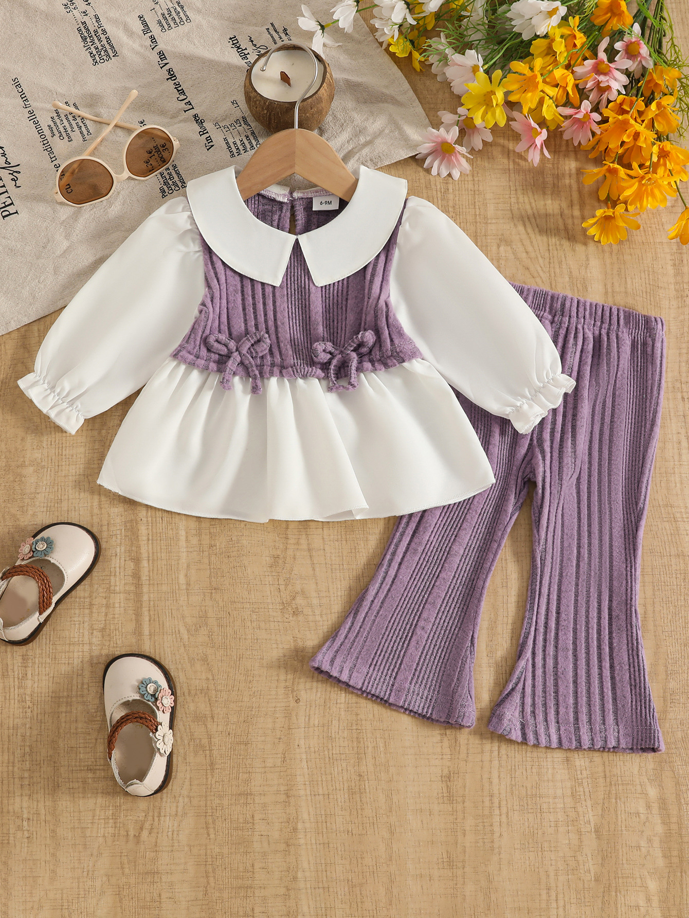Wholesale 6M-3T Girls 2Pcs Bow Print Patchwork Long Sleeve Outfit Set, Soft Vertical Rib Knit Toddler Blouse & Flare Pants