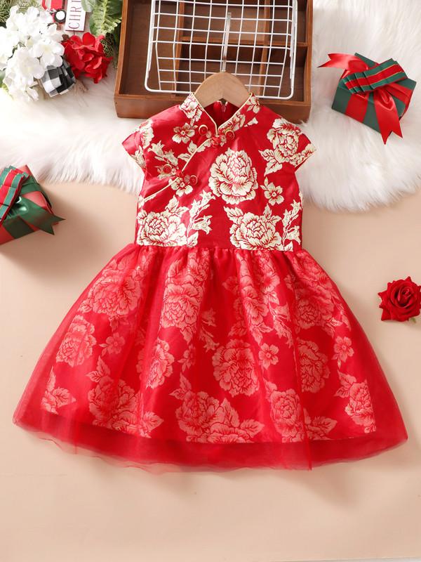 12M-7Y Girls Gauze Satin Dress Tangzhuang Peony Embroidery V-neck Cheongsam Qipao Sleeveless Dress Clothes Red Catpapa YL1193