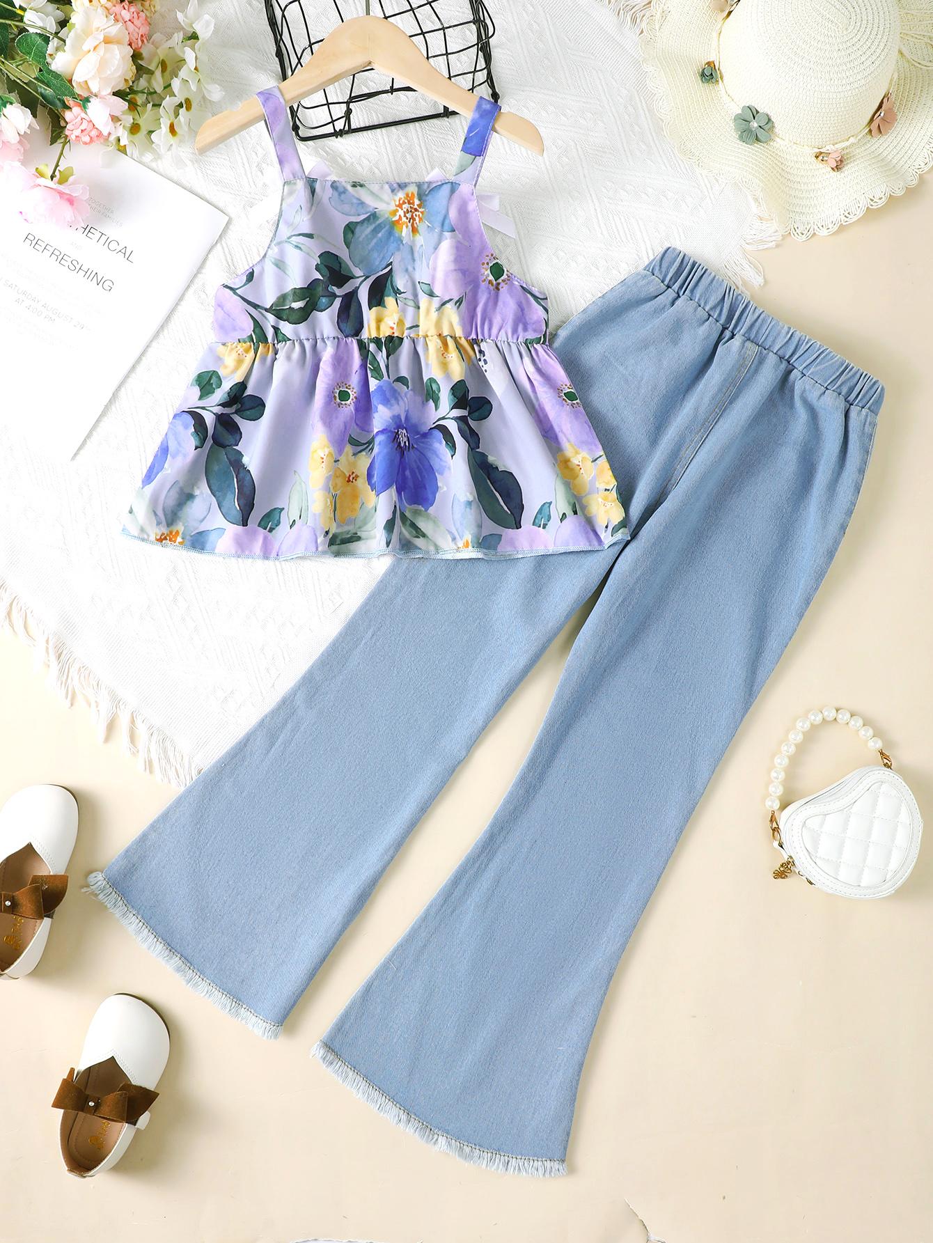 5-14Y Big Girls Clothes Floral Print Summer Straps Tops Washed Demin Pants 2Pcs Outfits Set Blue Catpapa 462302002