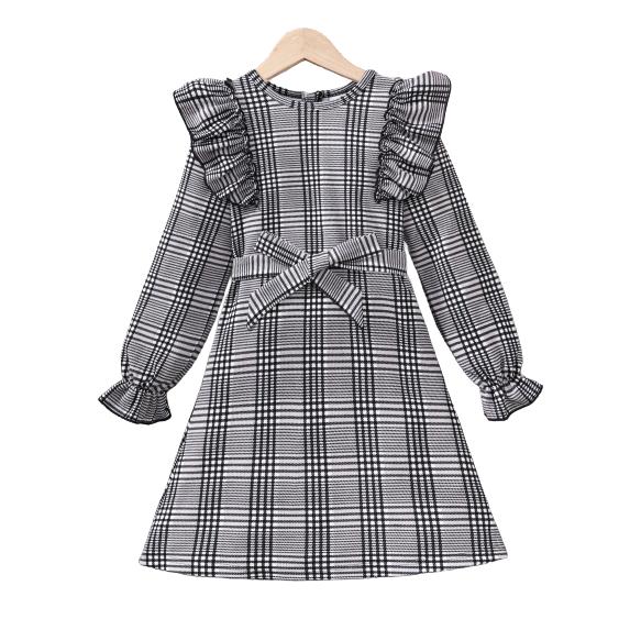 8-14Y Ready Stock Kid Girls Fall Winter Dress Plaid Print Splice Ruffle Tie Front Long Sleeve Dress One Piece Retro Dress Black Catpapa 462307022