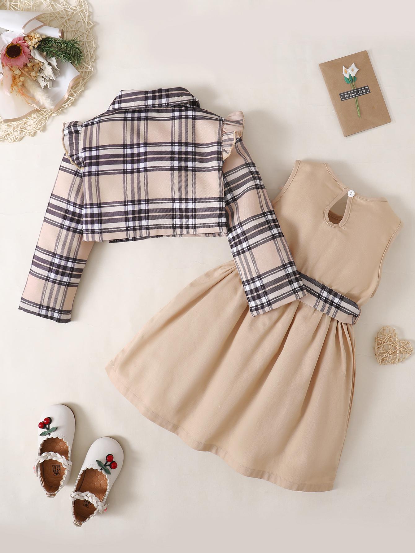 18M-5Y Baby Girls Outfits Turn-down Collar Plaid Ruffle Sleeve Coat Sleeveless Bow Dress 2Pcs Clothes Set Apricot Catpapa 122210602