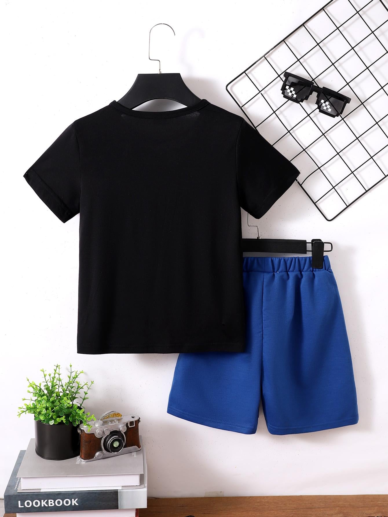 7-15Y Ready Stock Big Boys Summer Clothes Boys Outfits Cool Hip Hop Rapper Print T-shirt Elastic Shorts Sets 2Pcs OOTD Black Catpapa 462312017