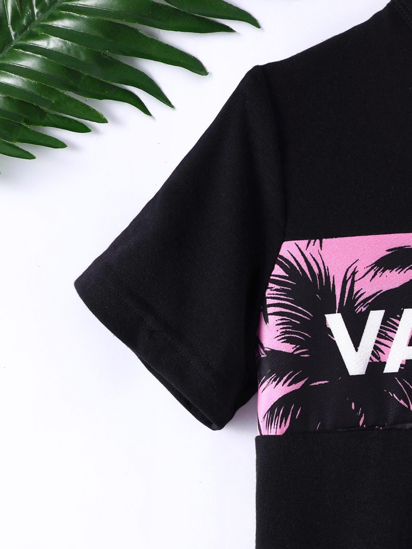 7-15Y Kid Boys Coconut Tree And VACATION Letter Graphic Print Splice Short Sleeve T-shirt 2Pcs Comfy Summer Clothing Pink Catpapa 462401036