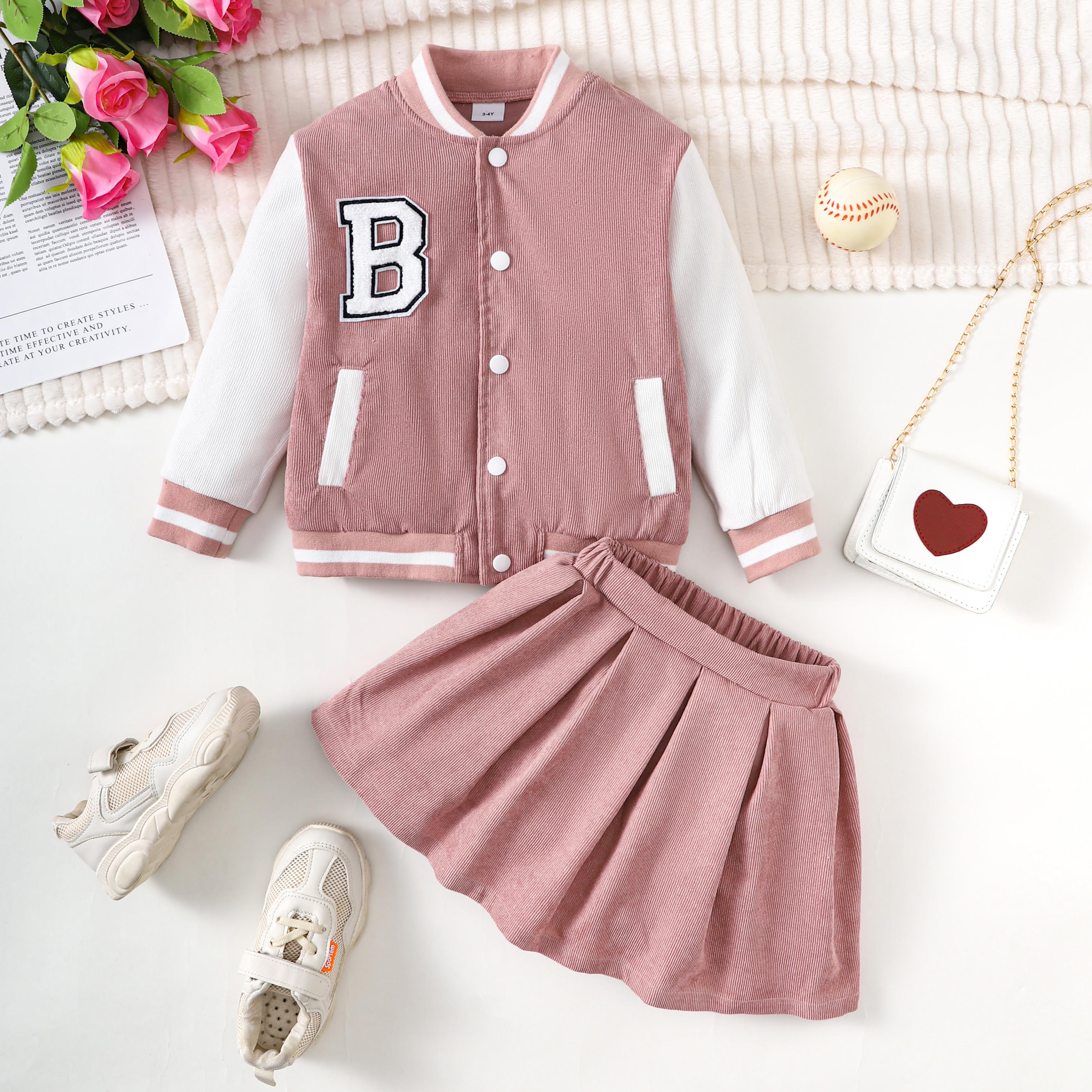 1-8Y Girls Baseball Jacket Elastic Skirt 2Pcs Spring Fall Baby Girl Clothing Pink Wholesale Girl Clothing Catpapa W462307151