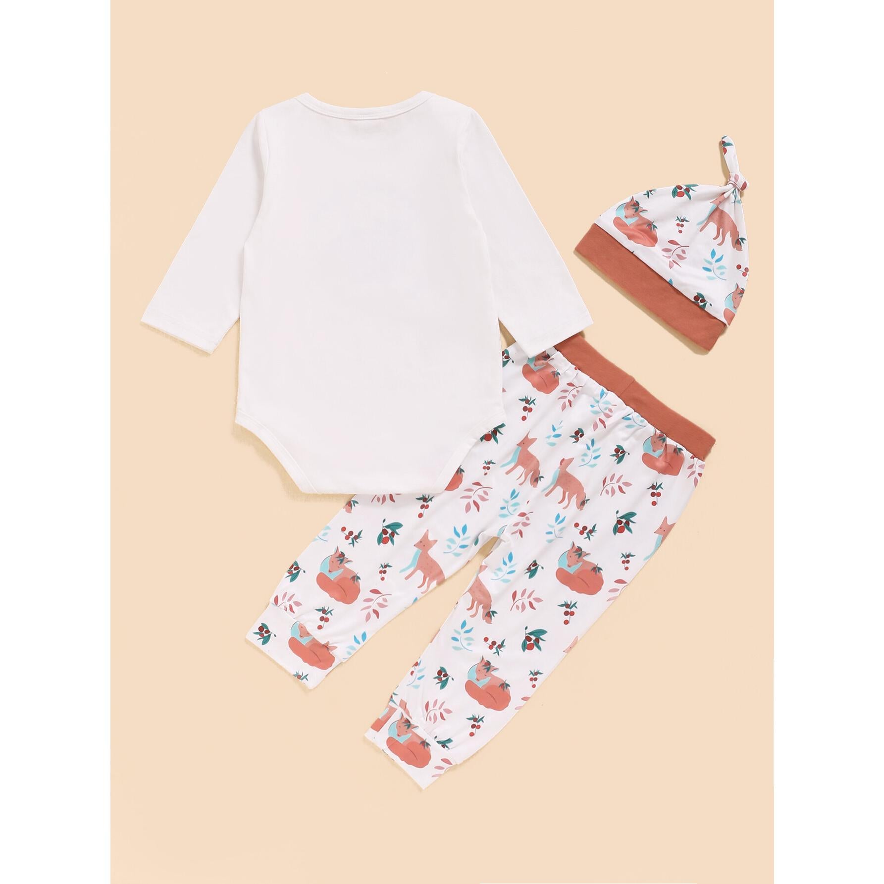 3-24M Kid fashion Girl Clothes Girl Outfits Long Sleeve Fox Print Romper Top Pants Hat 3PCS Clothing Set White Catpapa WL20061083