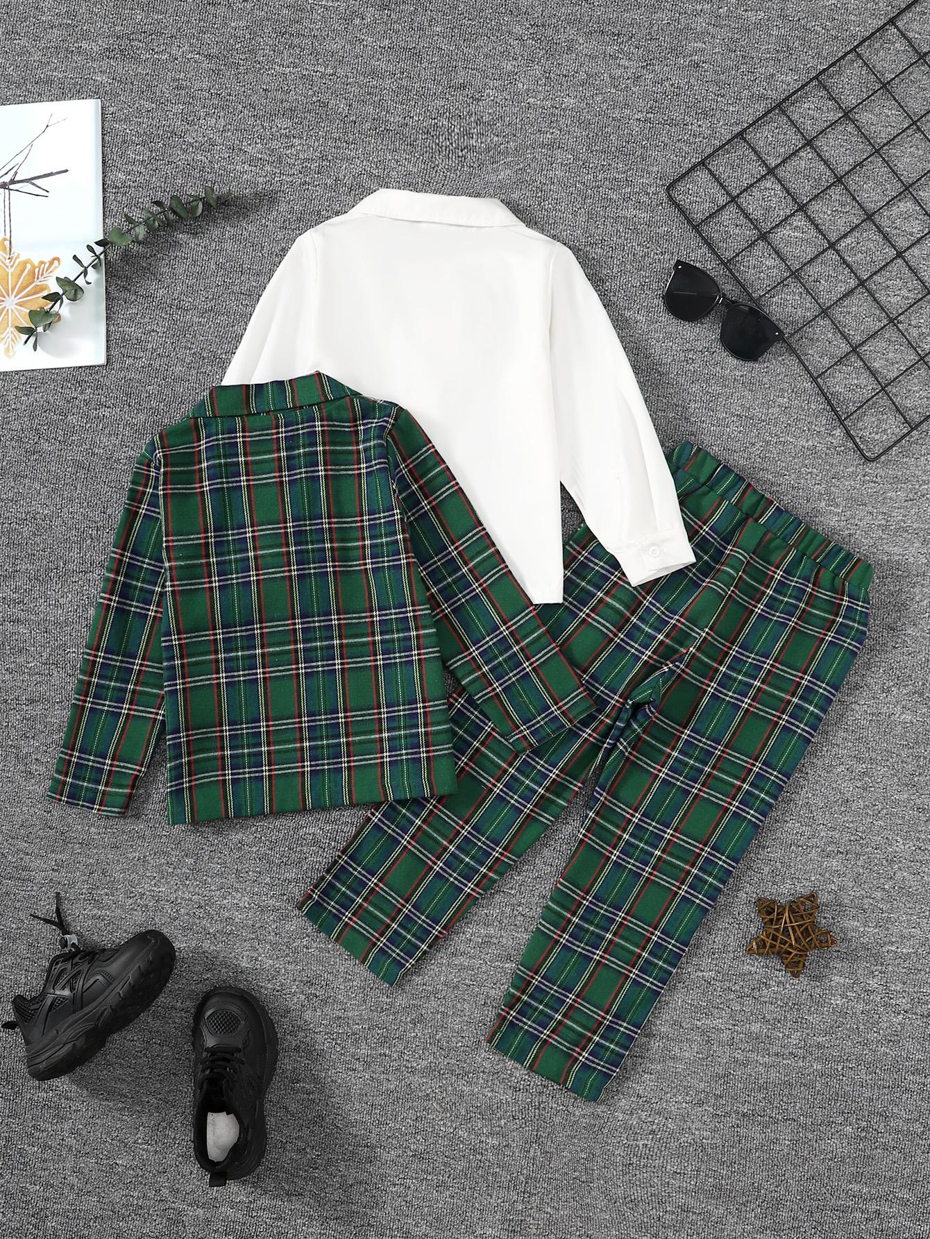 4-7Y 3pcs Boy's Plaid Patter Gentleman Outfit, Bowtie Shirt & Suit & Pants Set, Kid's Clothes Catpapa 462308166