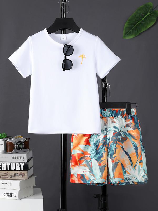 7-15Y Kid Boys Outfits Coconut Tree Casual Short Sleeve T-shirt Full Print Shorts Set 2Pcs Clothing For Summer, As Gifts Catpapa 462401038