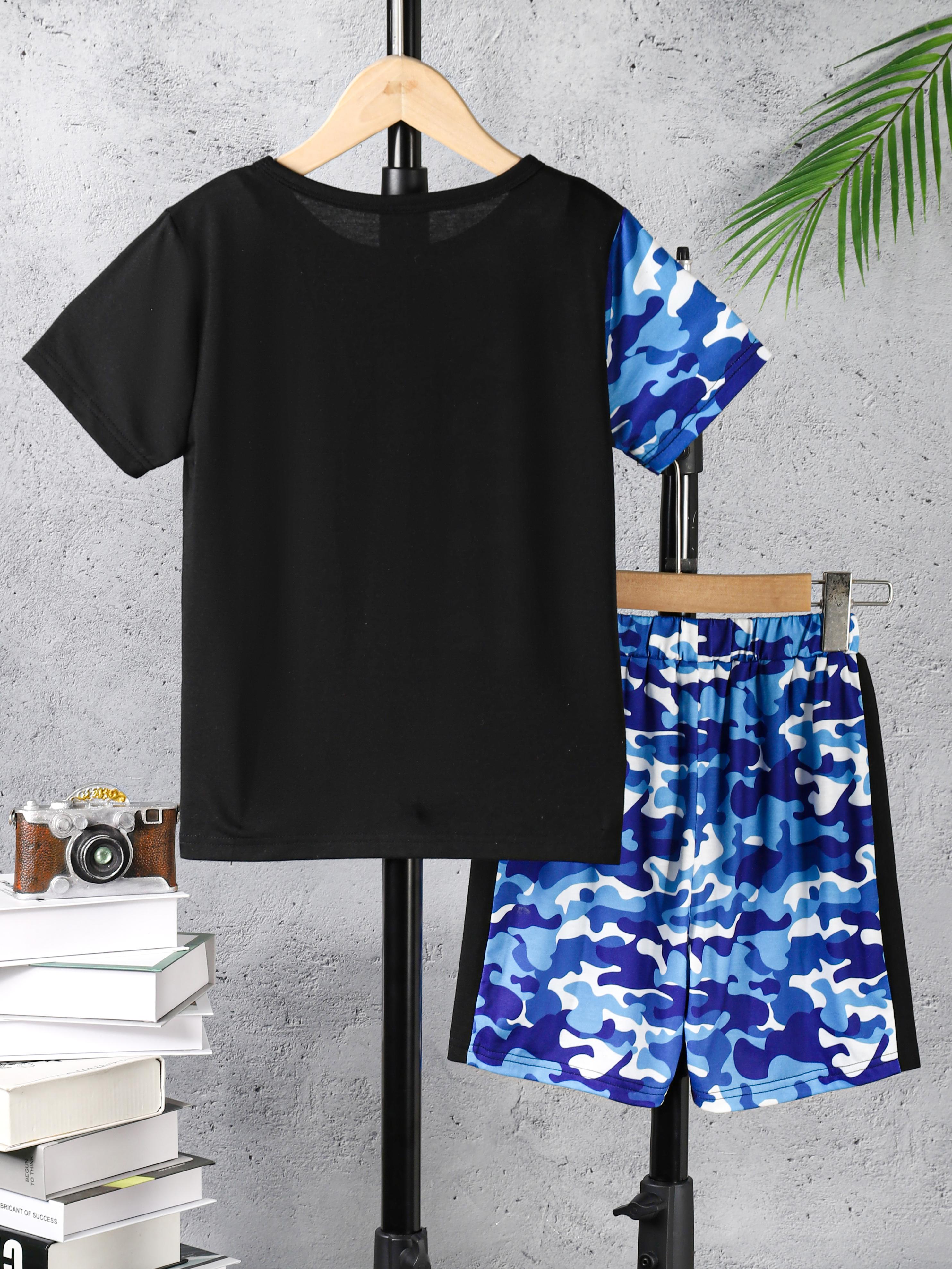 7-15Y Kids Clothes Boys Clothes Shorts Sets Bear Pattern Splice Camouflage Print T-shirt Outfits For Summer Blue Catpapa 462306016