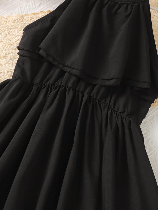 5-14Y Big Girls Dress Solid Color Ruffle Trim Halter Neck Princess Dress For Party Beach Vacation Kids Summer Elegant Clothes Black Catpapa 462302007