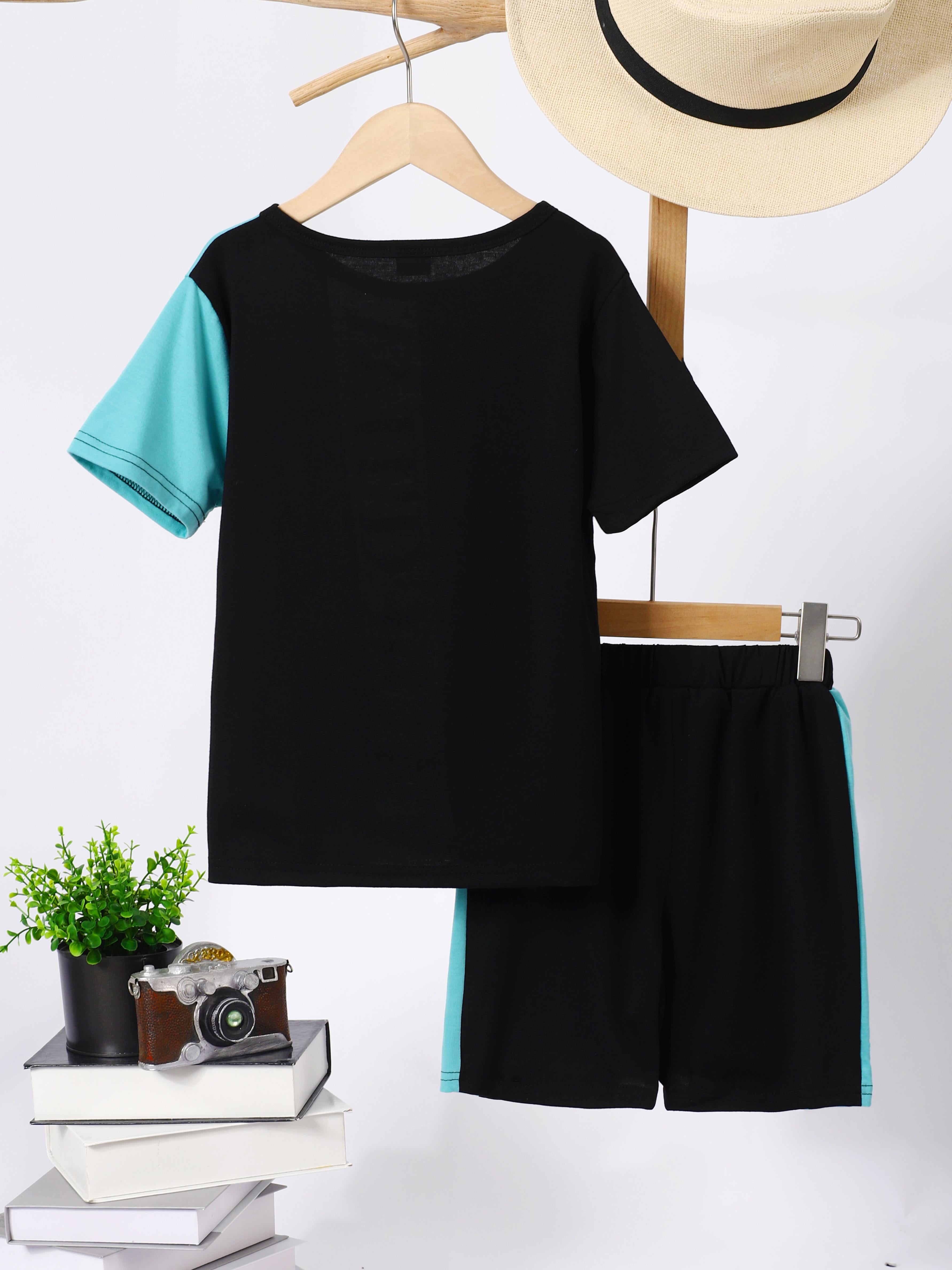 7-15Y Ready Stock Kids Boys Outfits Shorts Sets Letter Pattern Splice Tee Elastic Shorts 2Pcs Summer Clothes Blue Catpapa 462306009