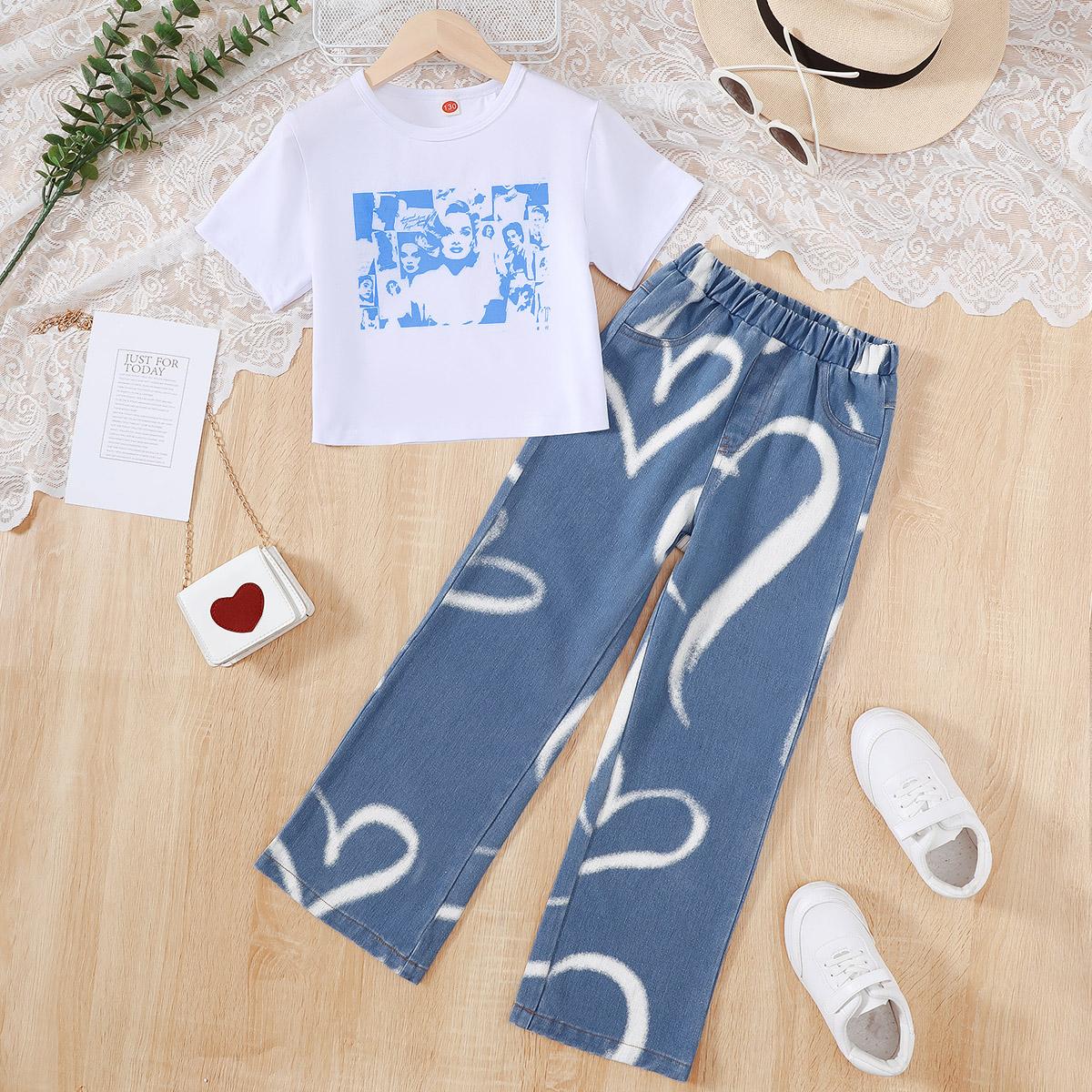 7-14Y Retro Figure Print 2pcs Girl's Short Sleeve T-Shirt Top + Heart Pattern Jeans Casual Pants Set, Summer Girls Outfit 7-14y Catpapa 462312024